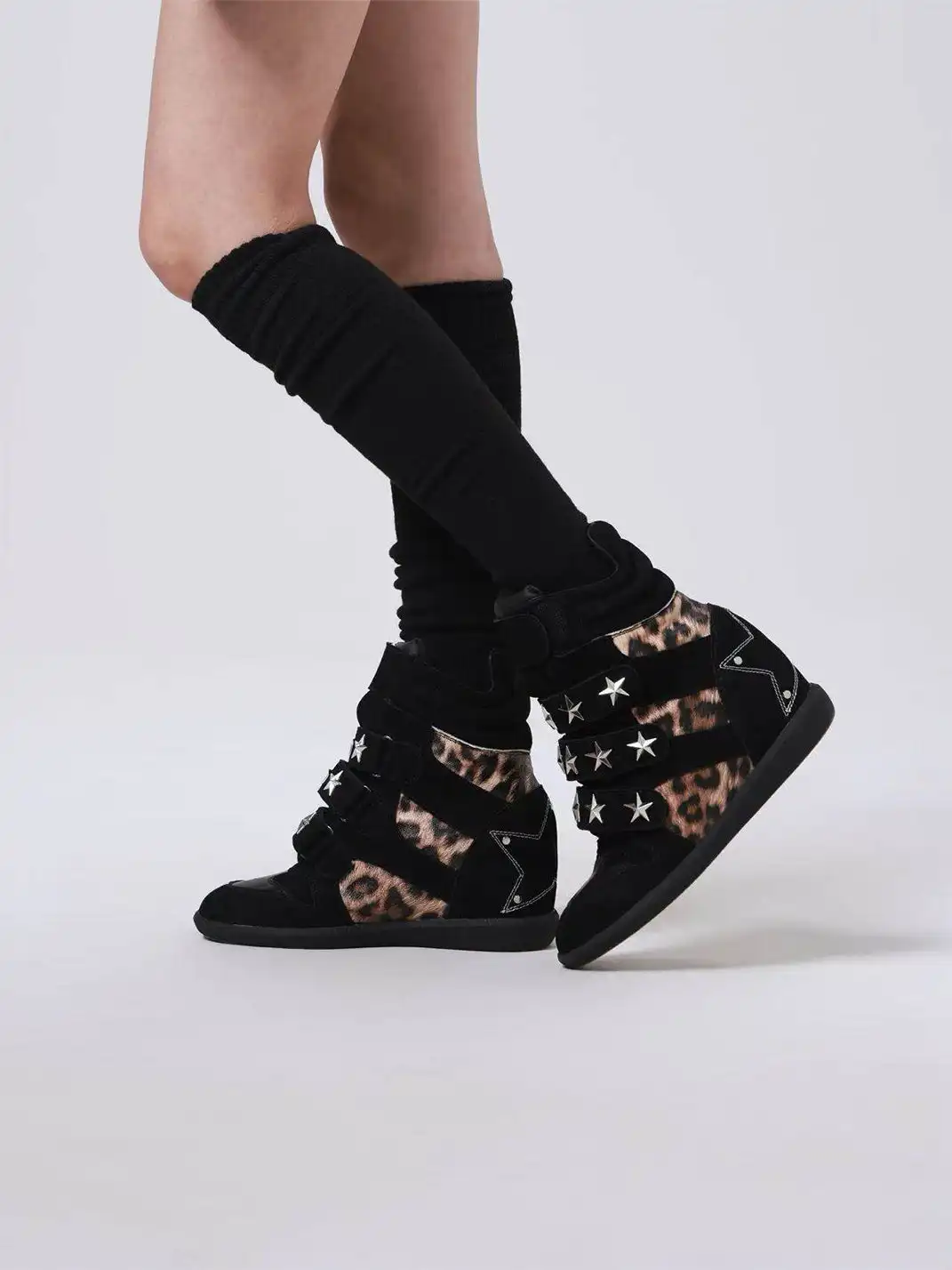 DETW | Vintage Leopard-Print Studded High-Top Wedge Shoes