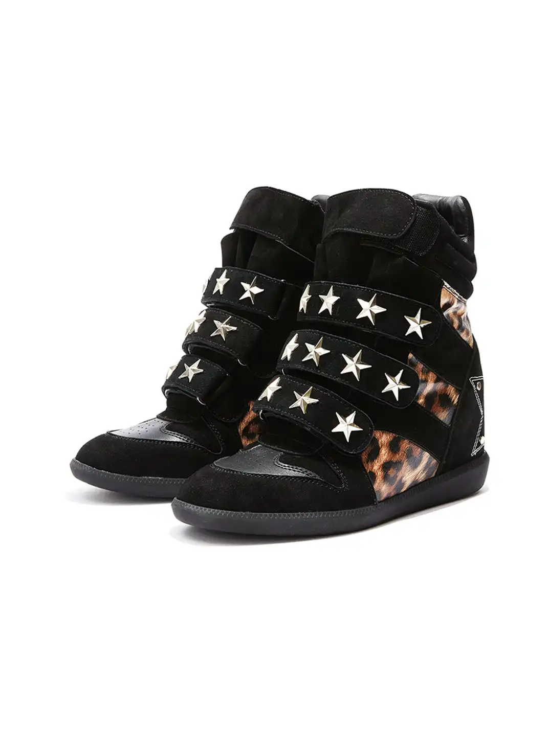 DETW | Vintage Leopard-Print Studded High-Top Wedge Shoes