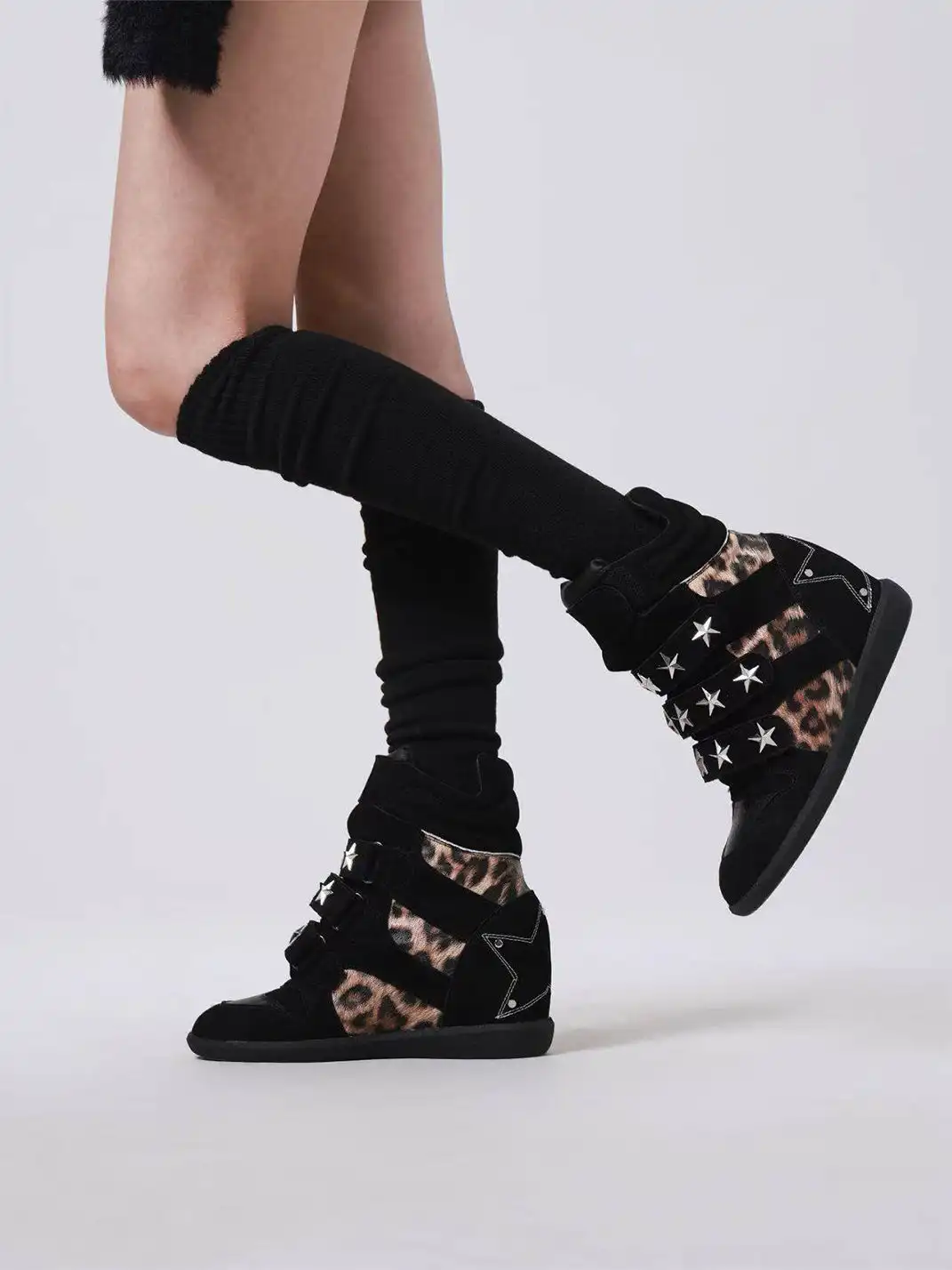 DETW | Vintage Leopard-Print Studded High-Top Wedge Shoes