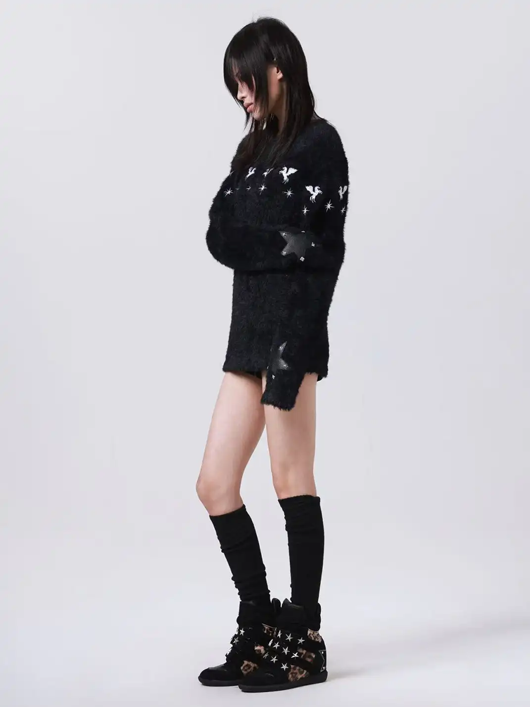 DETW | Vintage Leopard-Print Studded High-Top Wedge Shoes