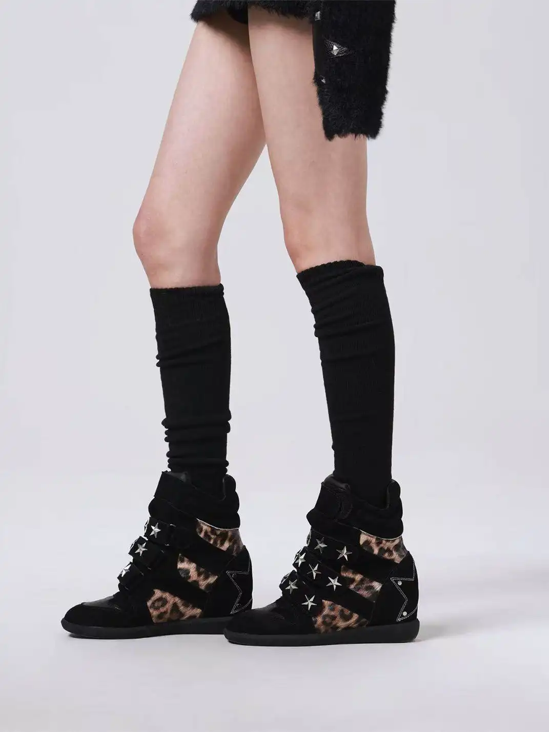 DETW | Vintage Leopard-Print Studded High-Top Wedge Shoes