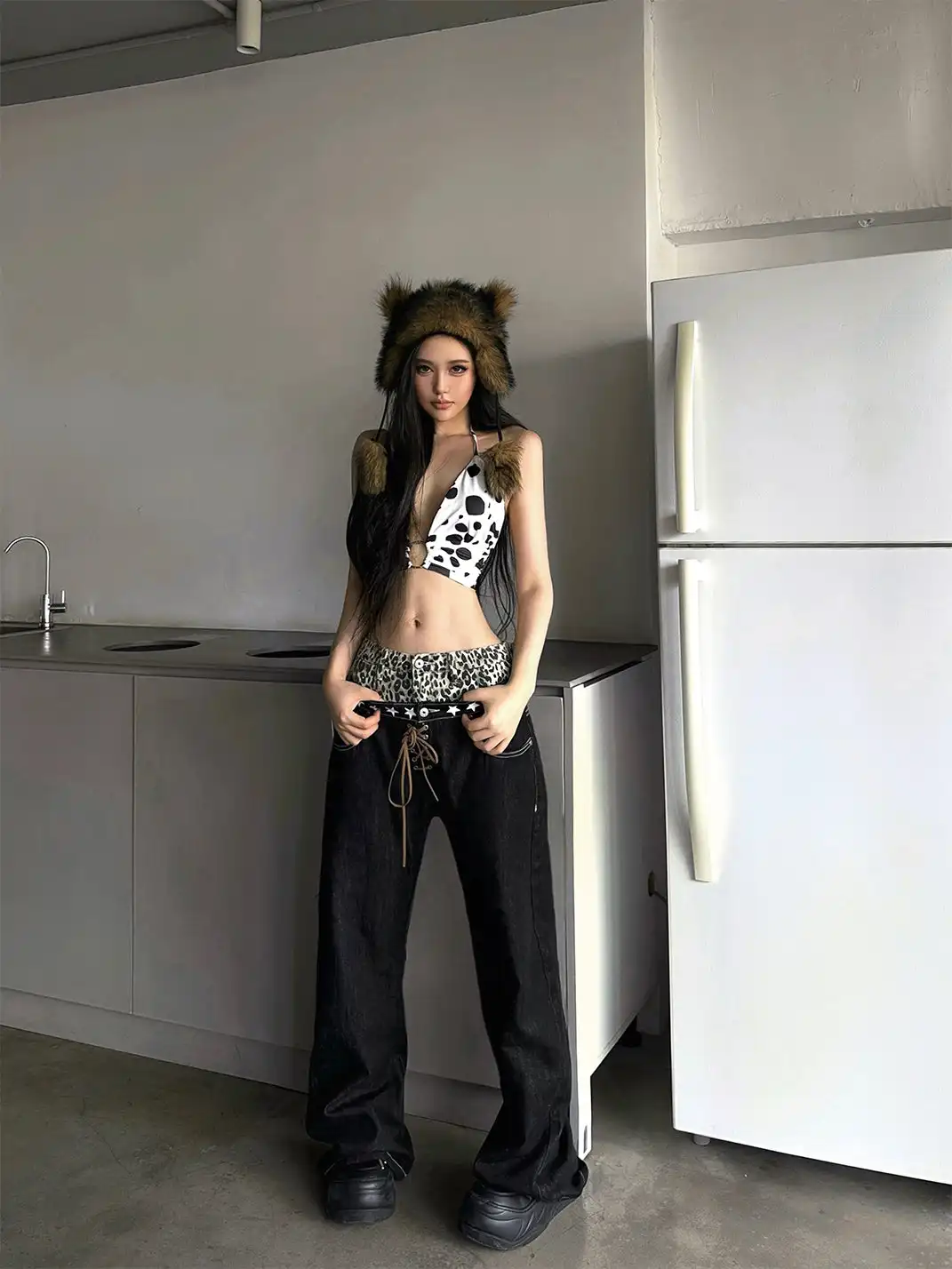 DETW | Leopard Print Double-Waisted Curved Jeans
