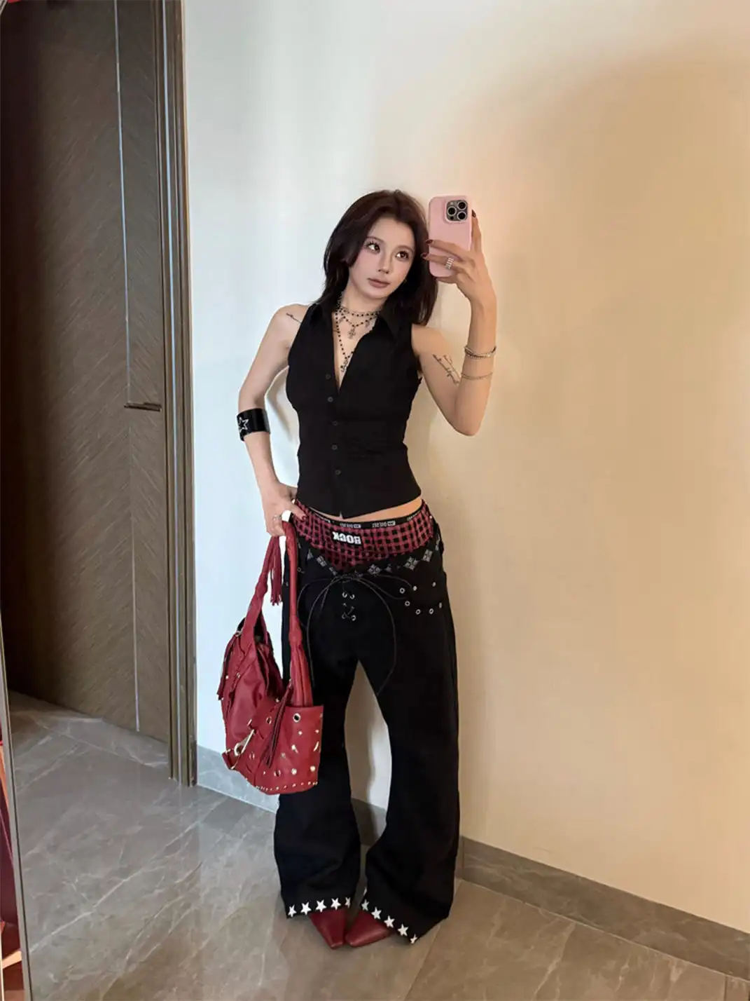 DETW | Drawstring Color-Blocked Curved Jeans