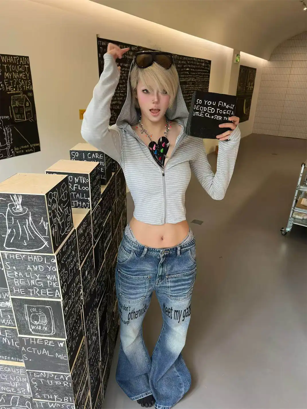 DETW | Slogan Washed Studded Jeans
