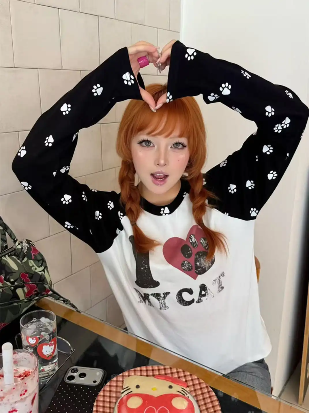 DETW | "I LOVE MY CAT" Printed Raglan Sleeve Tee