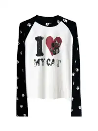 DETW | "I LOVE MY CAT" Printed Raglan Sleeve Tee