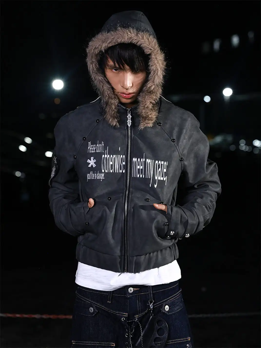 DETW | Studded Letter Print Hooded Leather Jacket