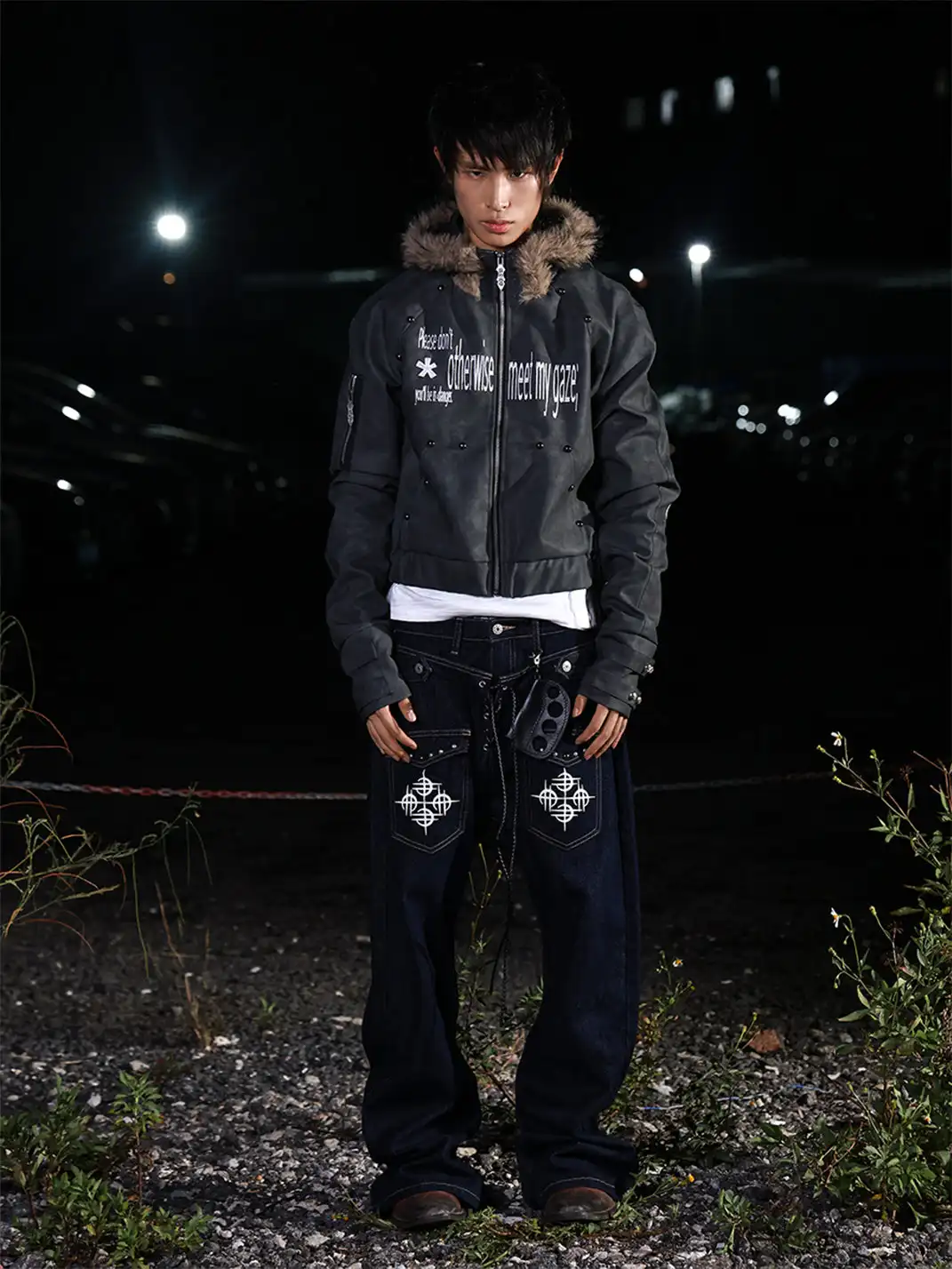 DETW | Studded Letter Print Hooded Leather Jacket