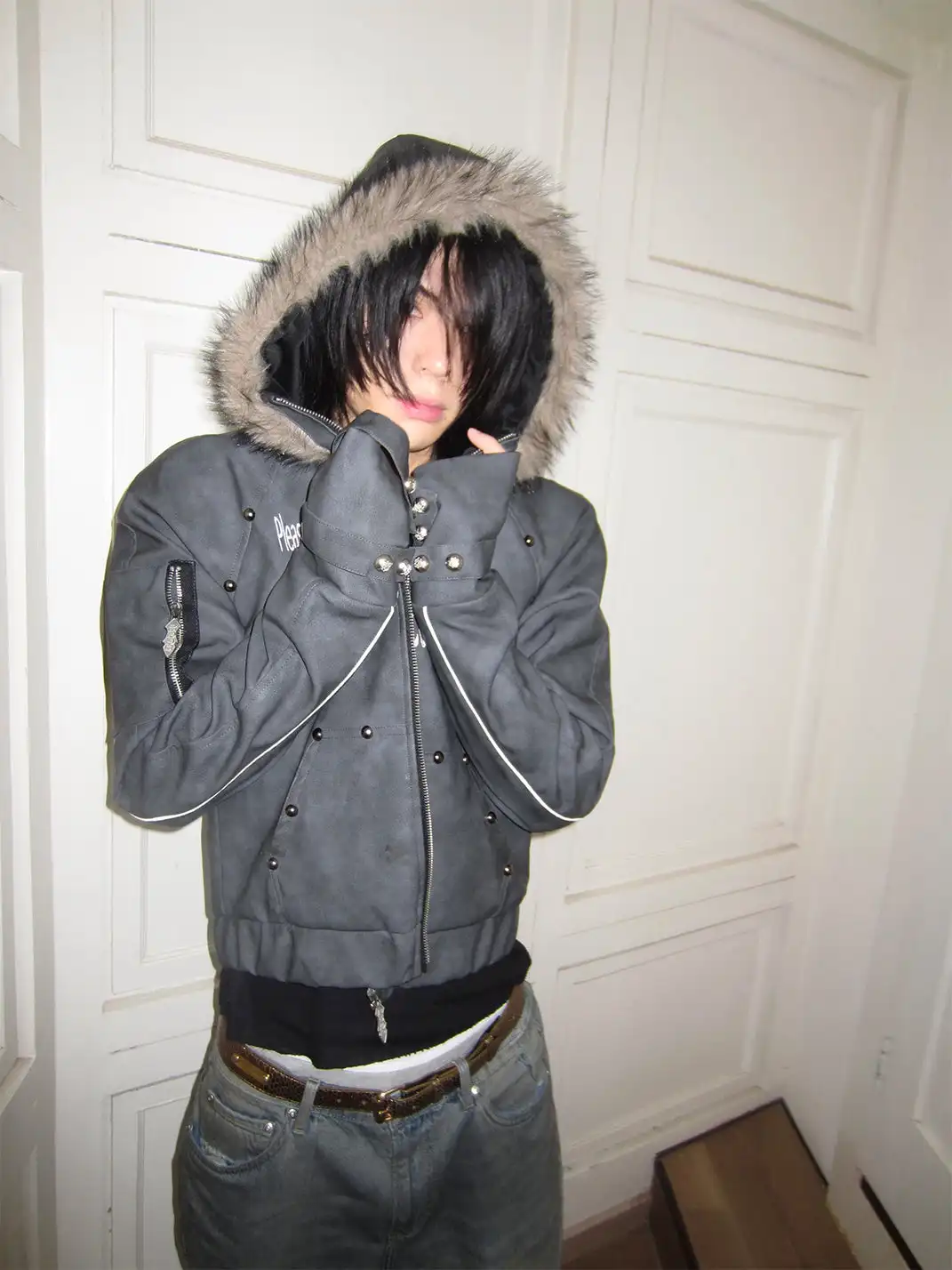 DETW | Studded Letter Print Hooded Leather Jacket