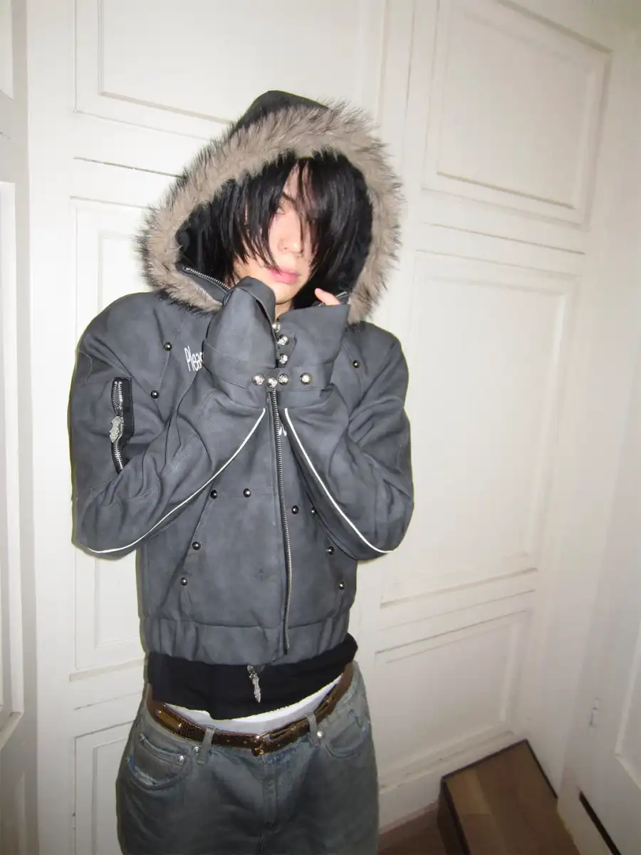 DETW | Studded Letter Print Hooded Leather Jacket - 2