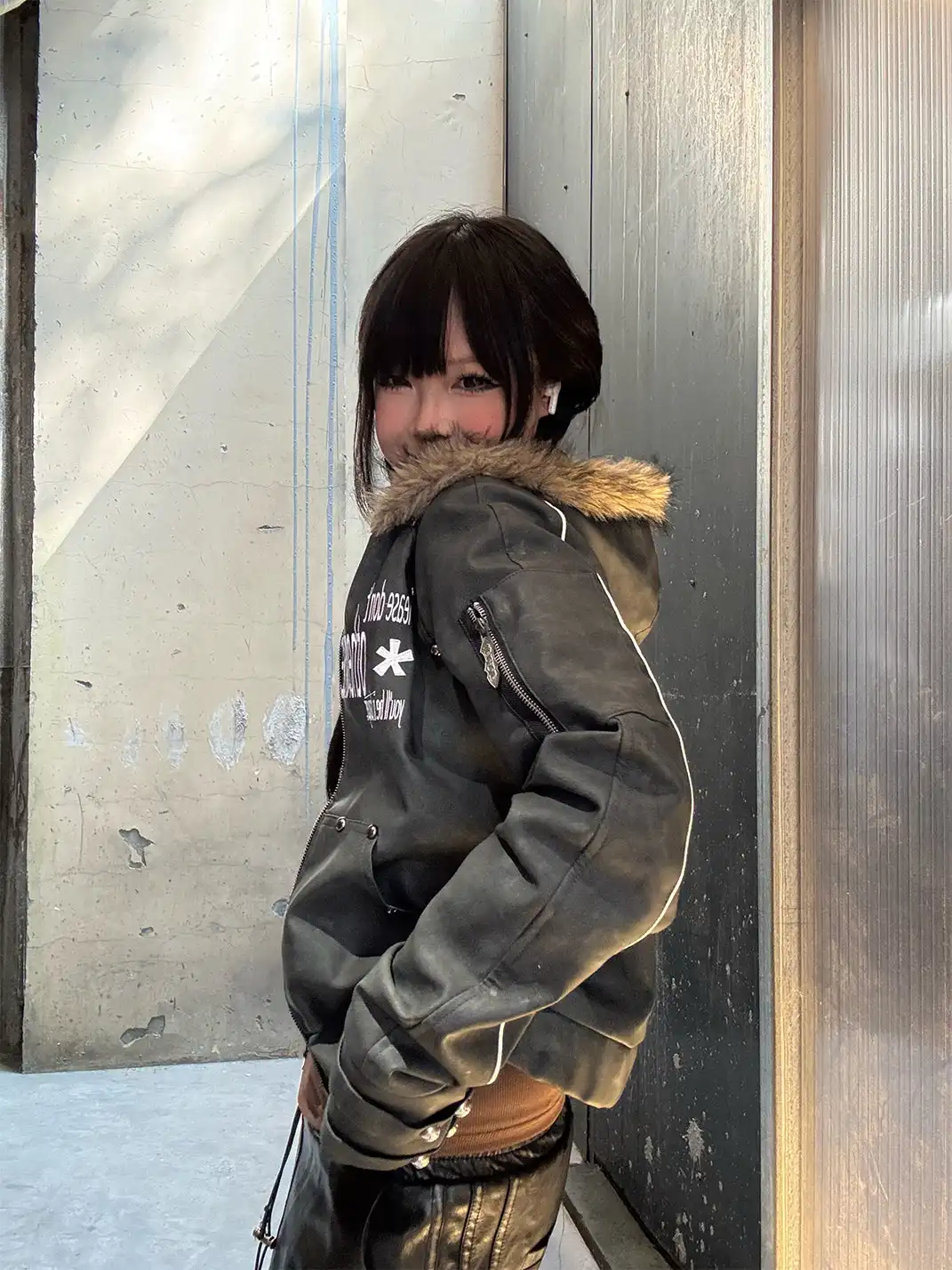 DETW | Studded Letter Print Hooded Leather Jacket