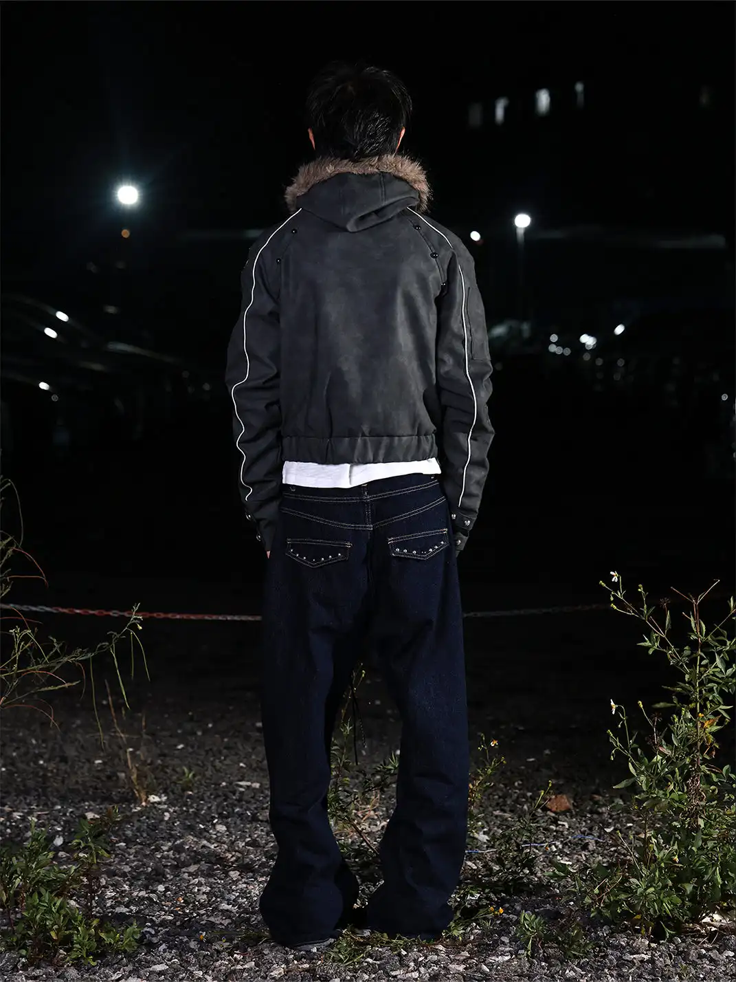 DETW | Studded Letter Print Hooded Leather Jacket