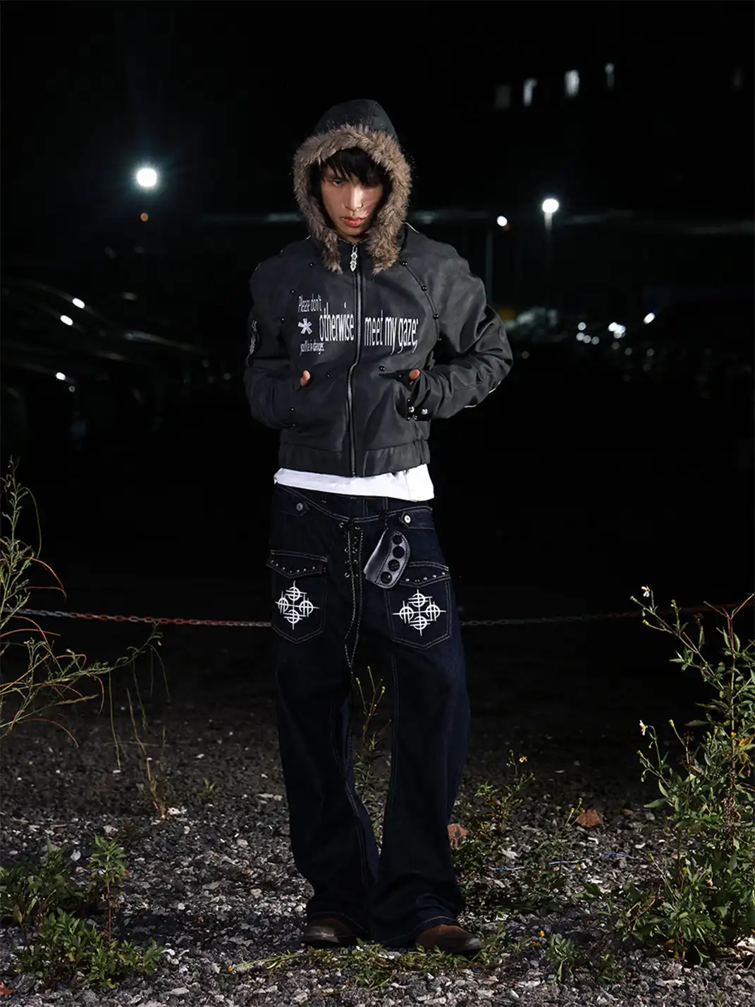 DETW | Studded Letter Print Hooded Leather Jacket