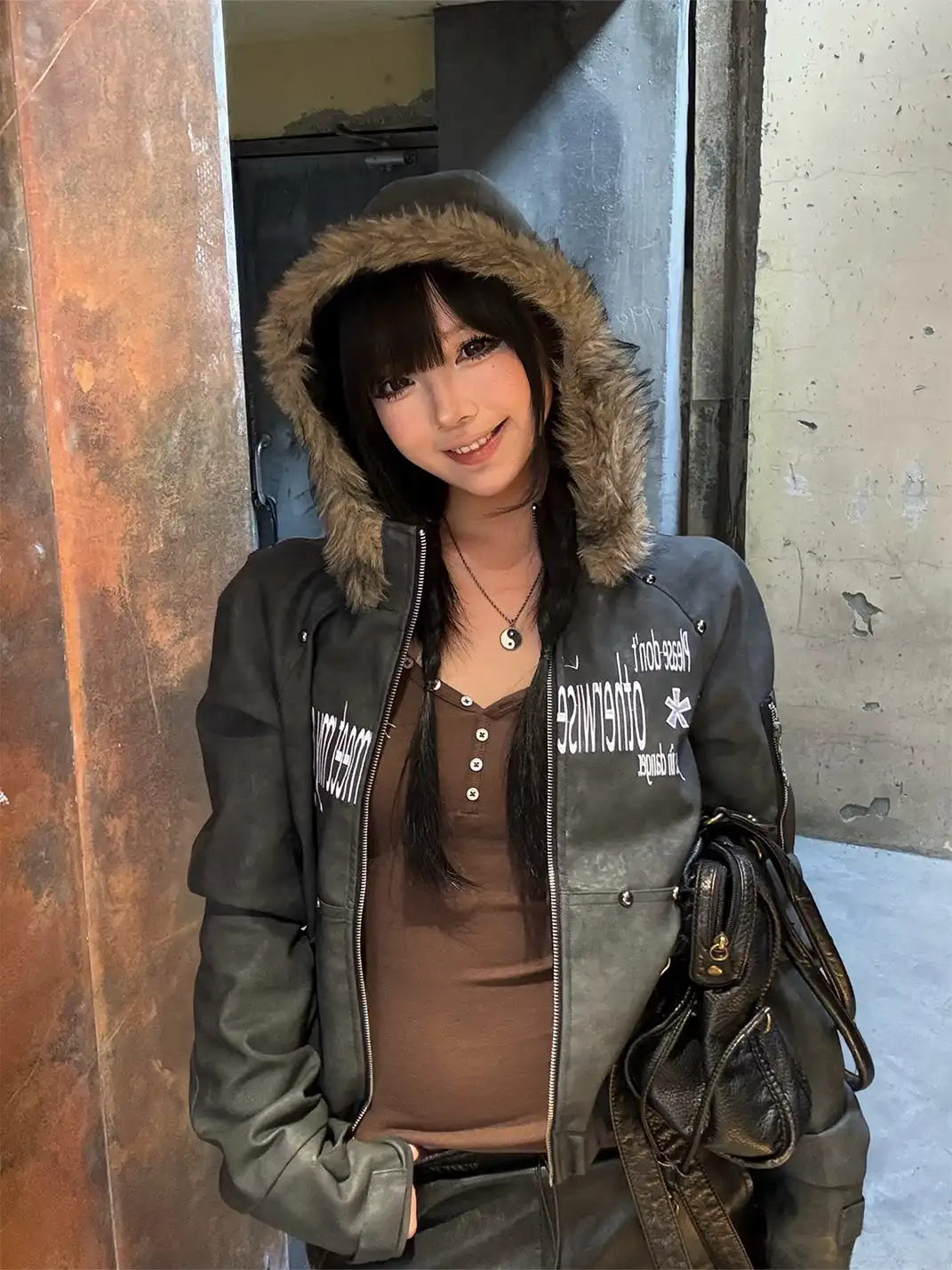 DETW | Studded Letter Print Hooded Leather Jacket