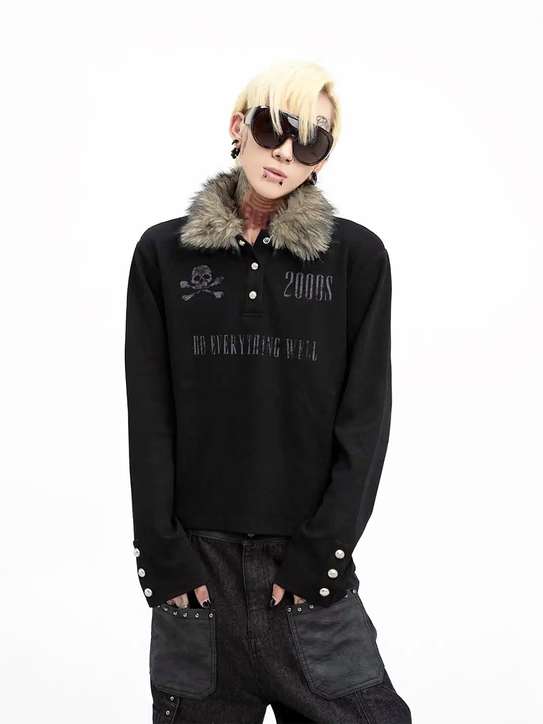 DETW | Fur-Collar Long-Sleeved Polo Shirt