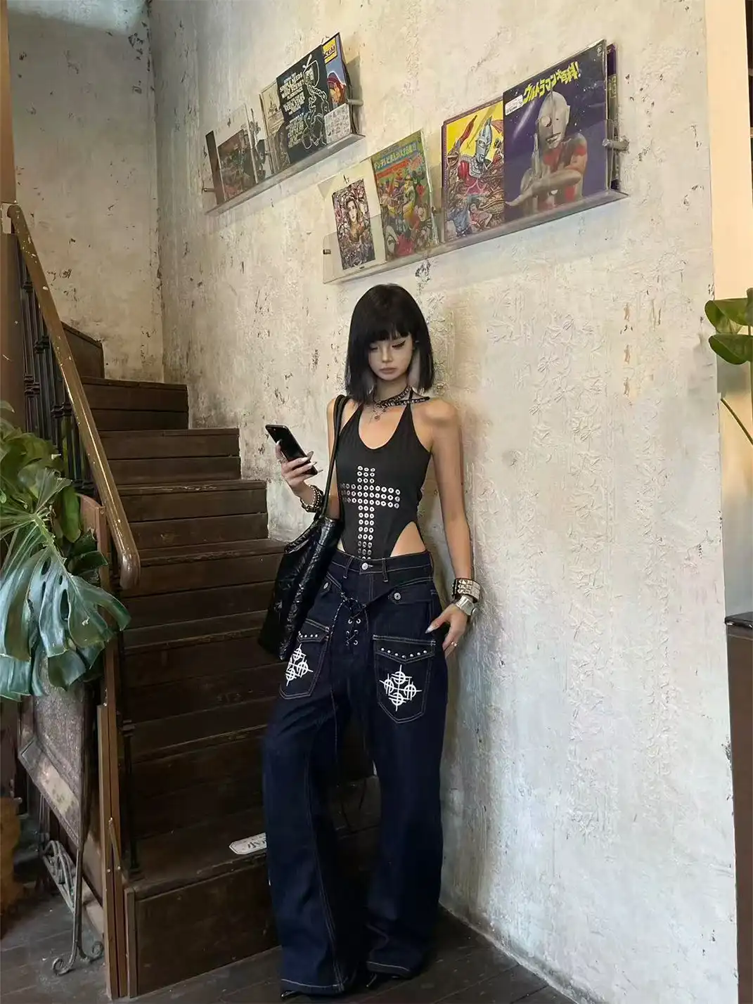 DETW | Studded Drawstring Double-Waist Jeans