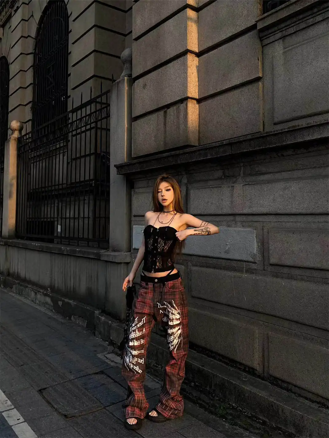 DETW | Red Plaid Embroidered Jeans
