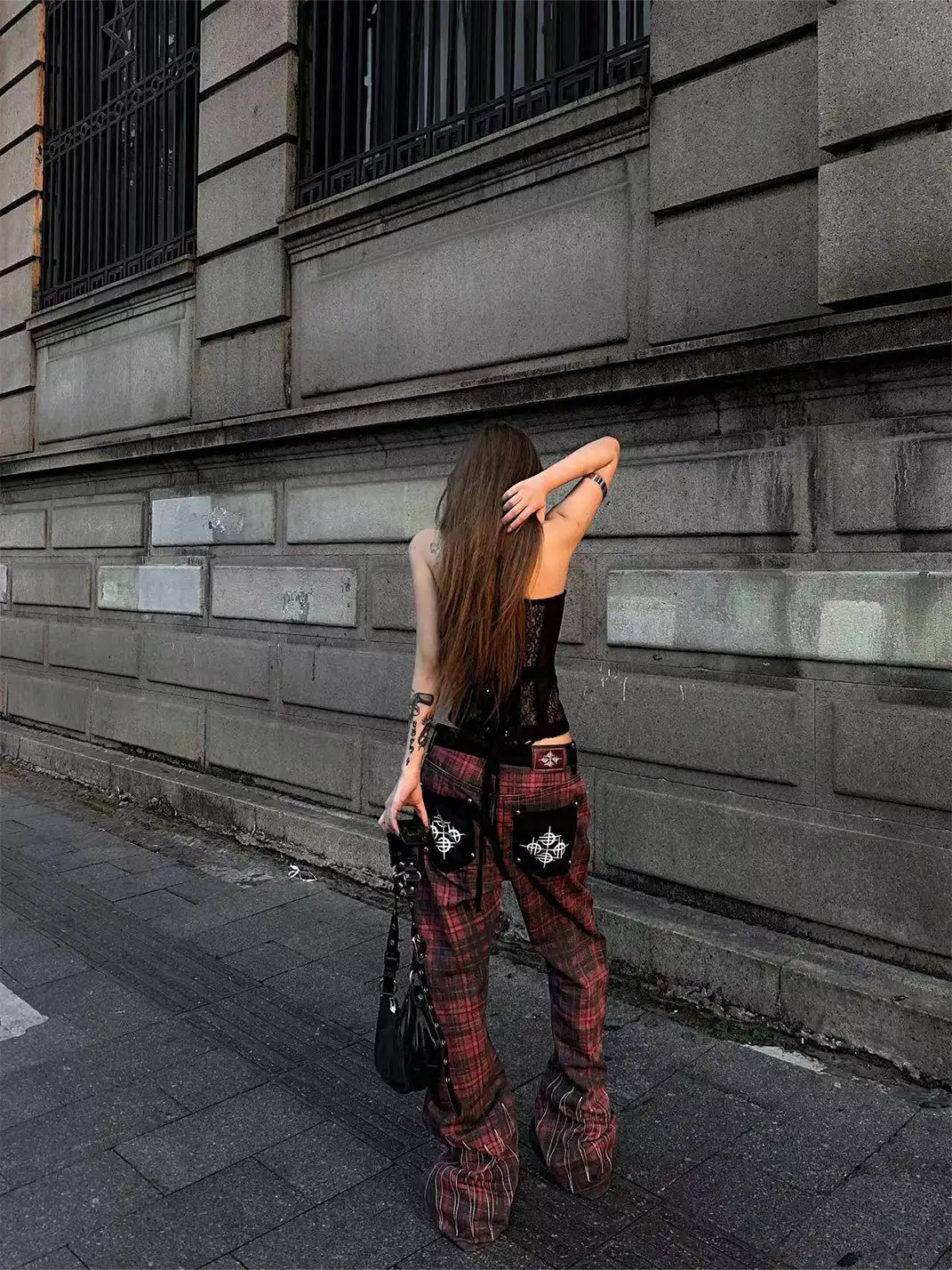 DETW | Red Plaid Embroidered Jeans