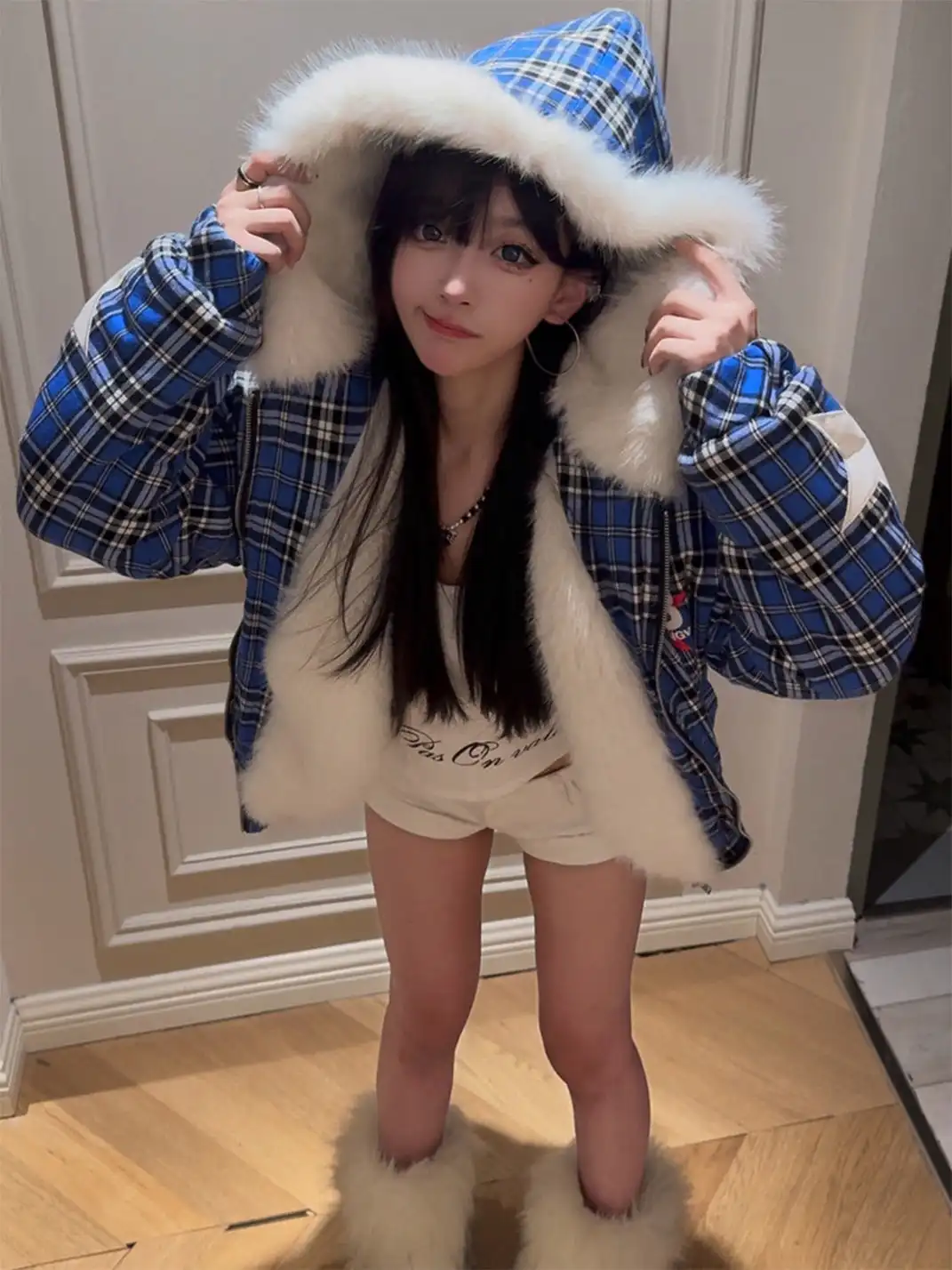 DETW | Blue Plaid Fox Fur Zip-Up Jacket