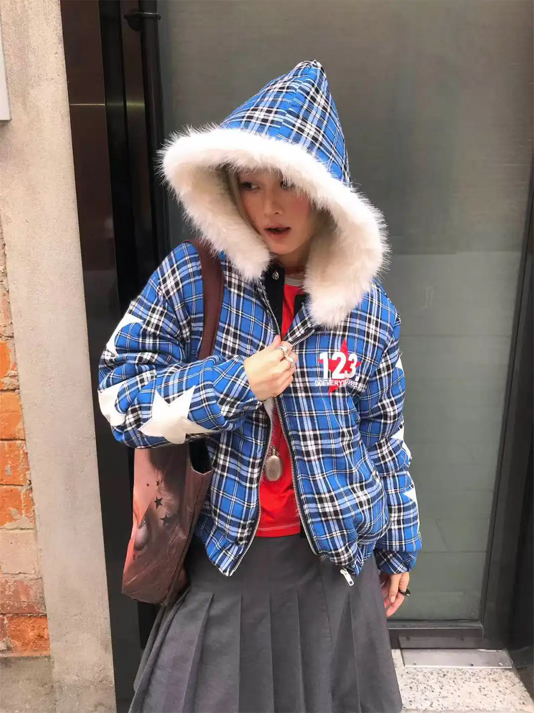 DETW | Blue Plaid Fox Fur Zip-Up Jacket