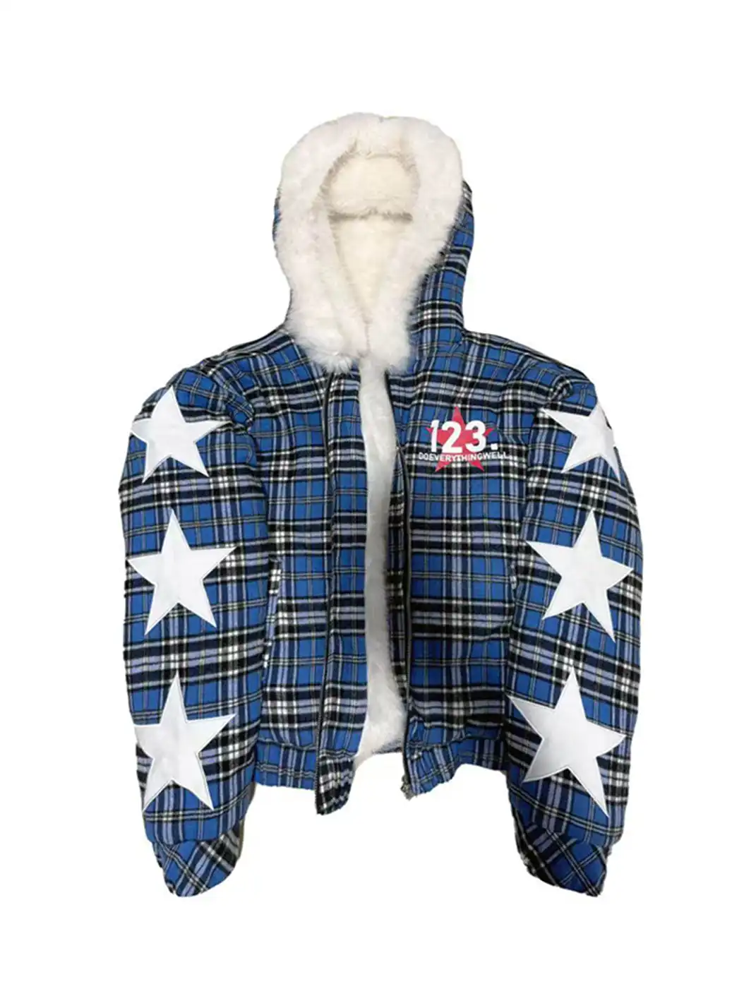DETW | Blue Plaid Fox Fur Zip-Up Jacket