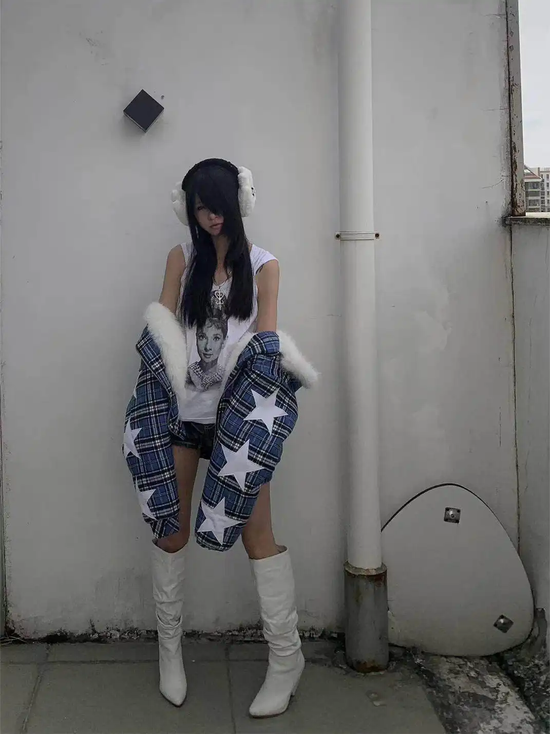 DETW | Blue Plaid Fox Fur Zip-Up Jacket