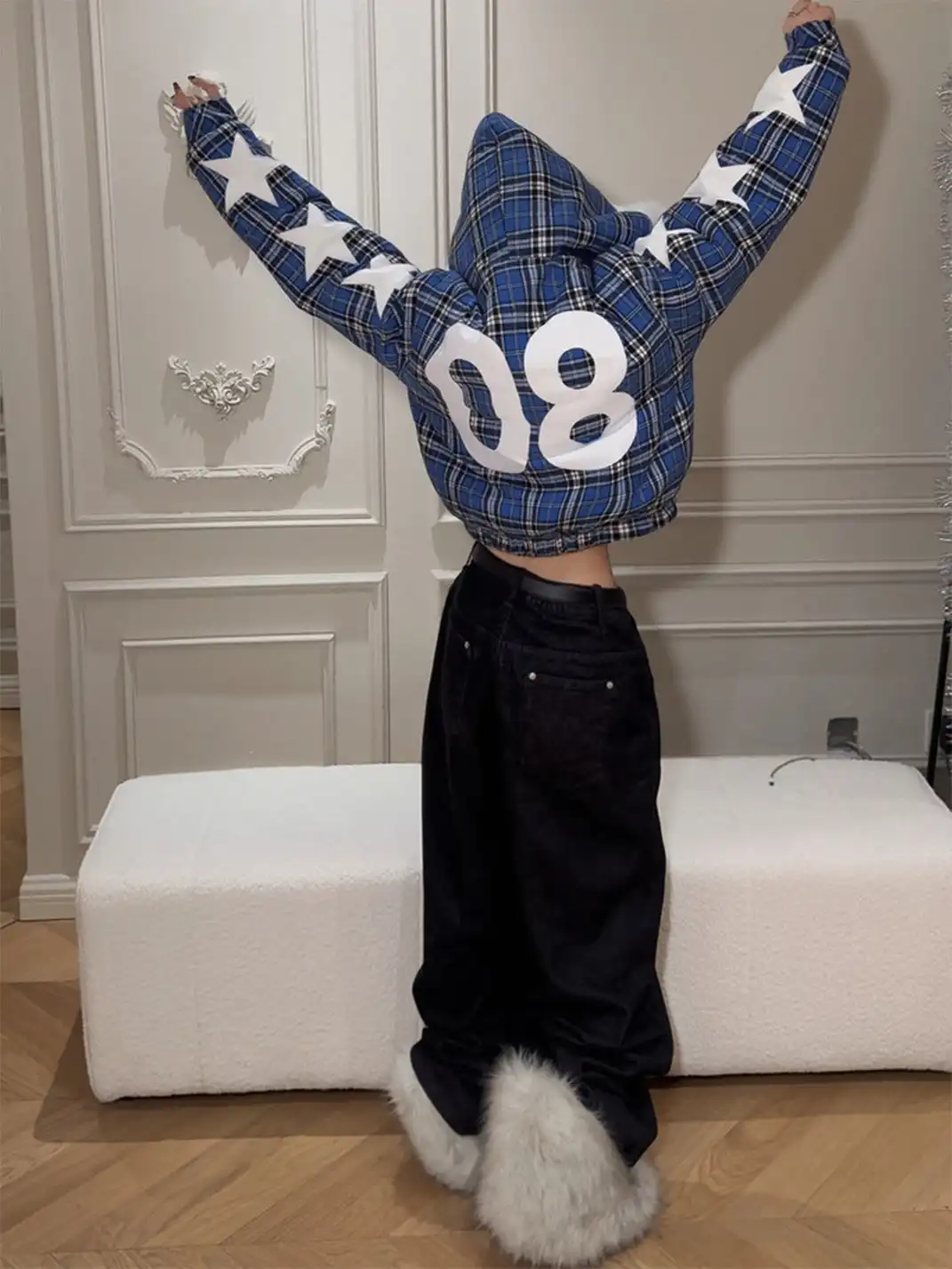 DETW | Blue Plaid Fox Fur Zip-Up Jacket
