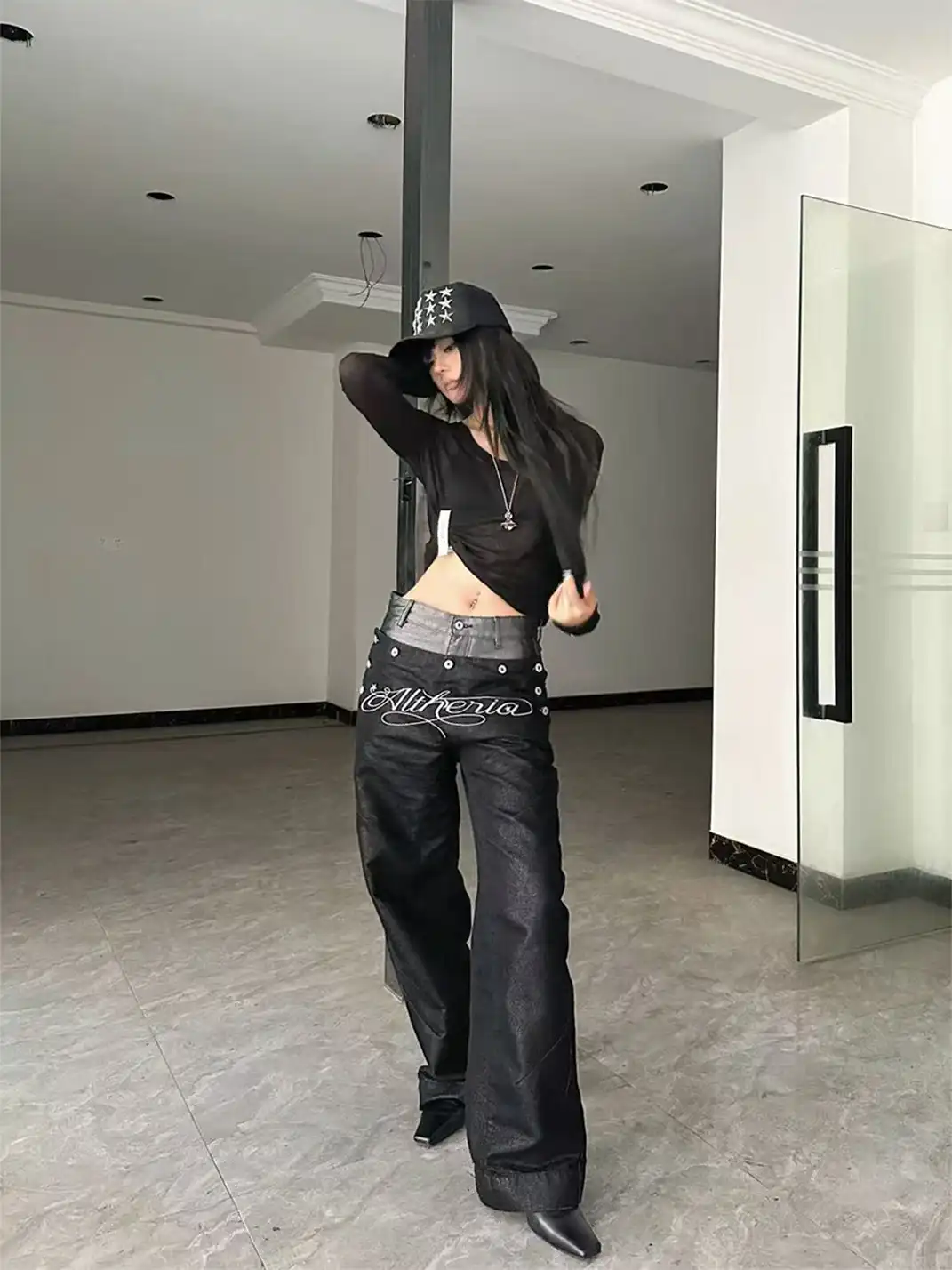 DETW | Waxed Silver Double-Waist Patchwork Jeans