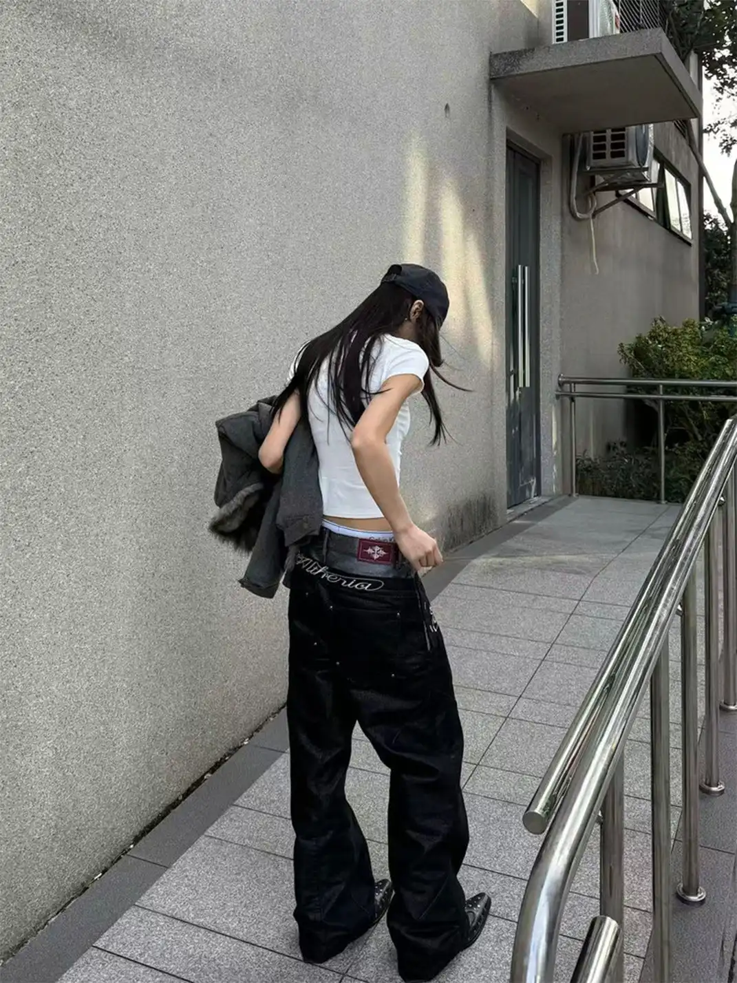 DETW | Waxed Silver Double-Waist Patchwork Jeans