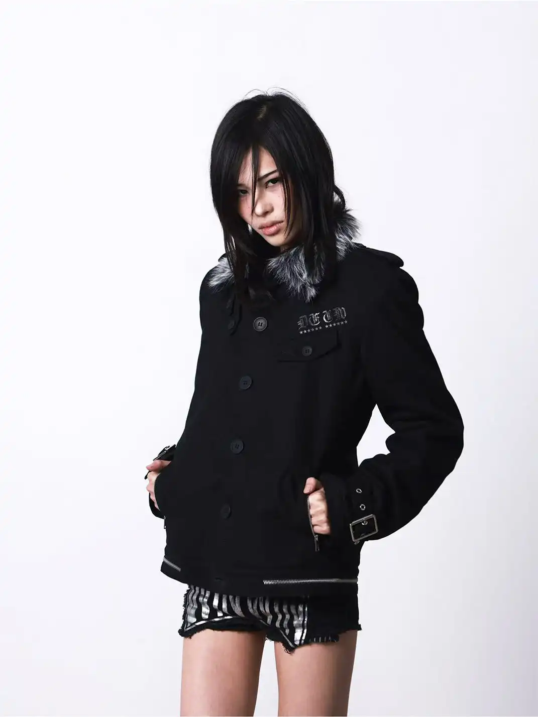 DETW | Single-Breasted Metal Fur Collar Coat