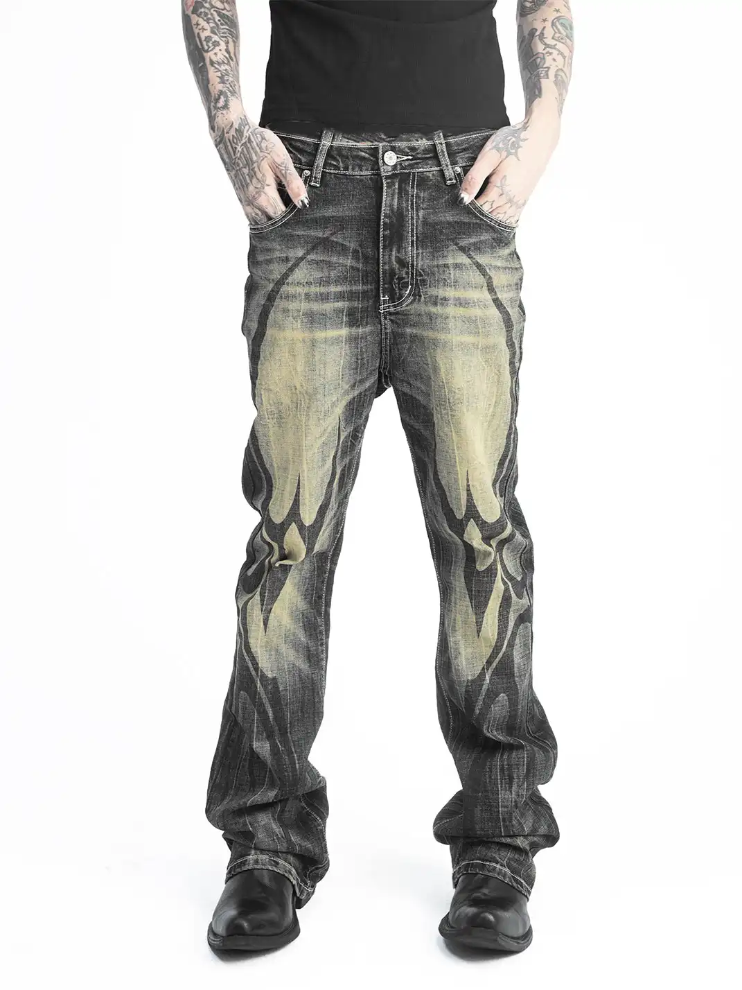 DETW | Black and Yellow 14 oz Patterned Flared Jeans