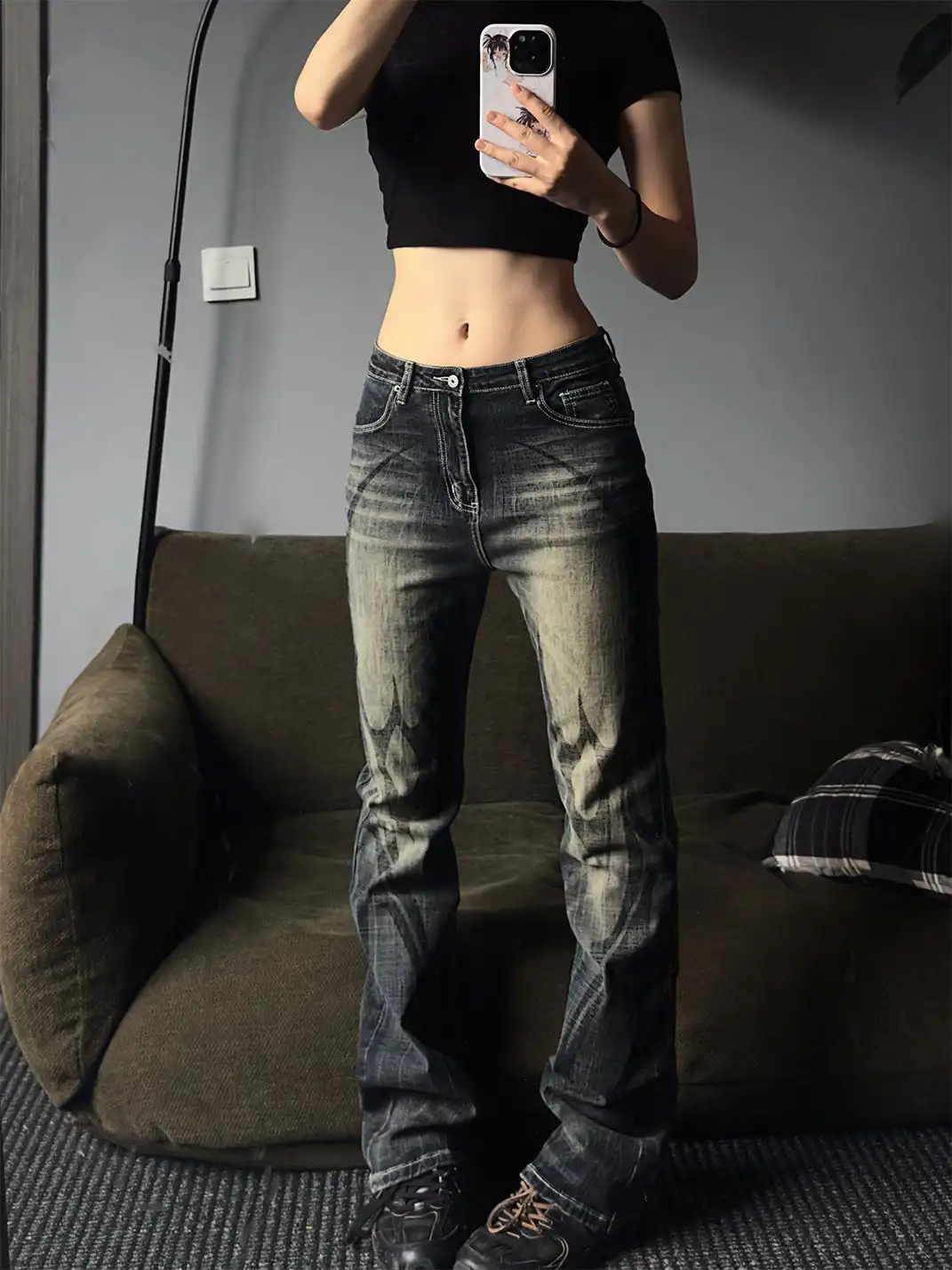 DETW | Black and Yellow 14 oz Patterned Flared Jeans