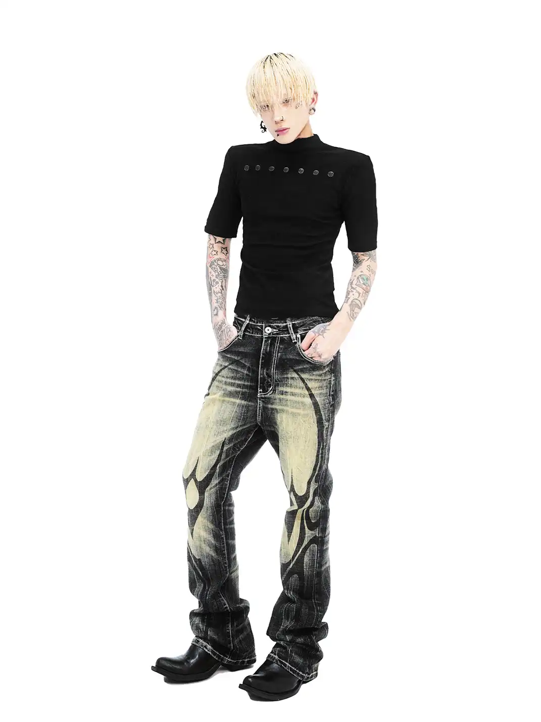 DETW | Black and Yellow 14 oz Patterned Flared Jeans