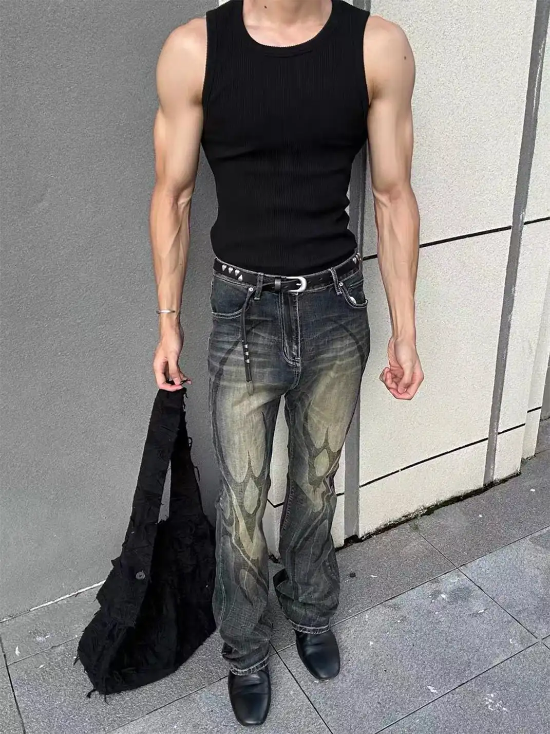 DETW | Black and Yellow 14 oz Patterned Flared Jeans