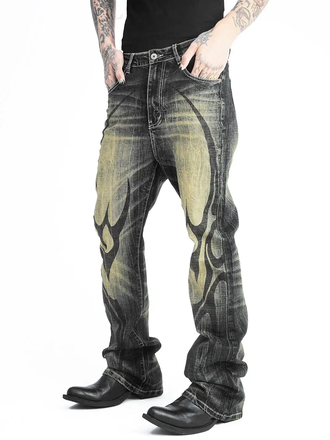 DETW | Black and Yellow 14 oz Patterned Flared Jeans