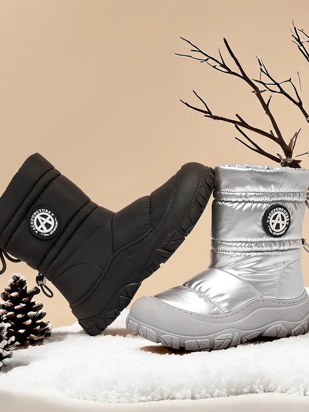 ACUPUNCTURE | Drawstring Collar Shiny Padded Snow Boots
