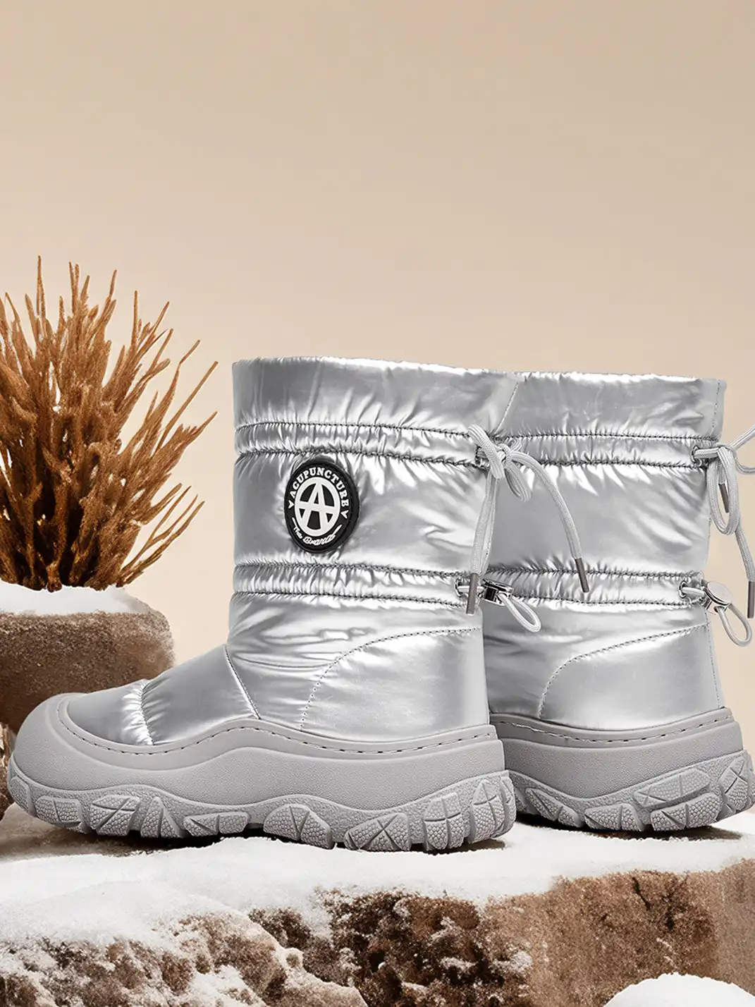 ACUPUNCTURE | Drawstring Collar Shiny Padded Snow Boots