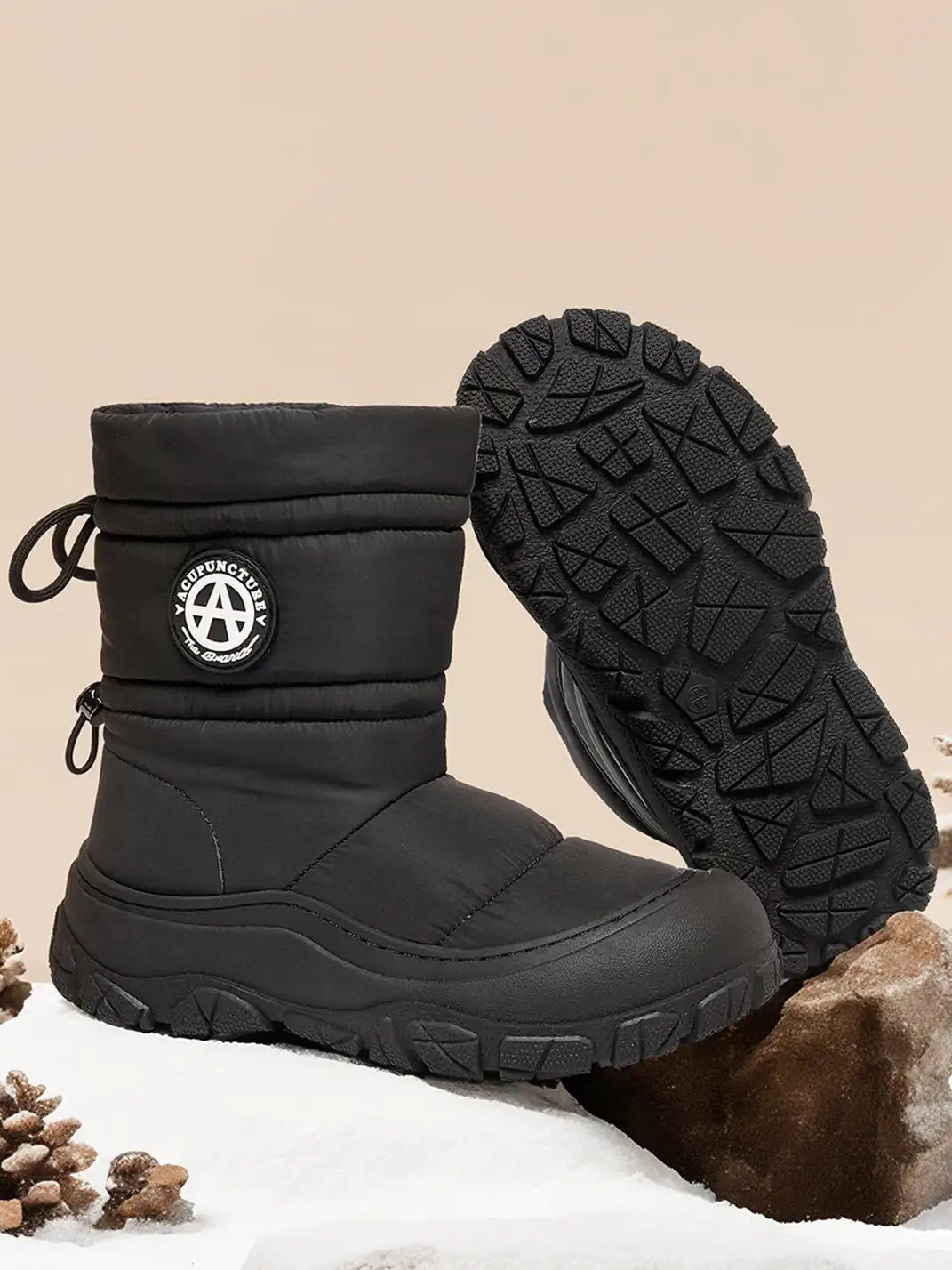 ACUPUNCTURE | Drawstring Collar Shiny Padded Snow Boots
