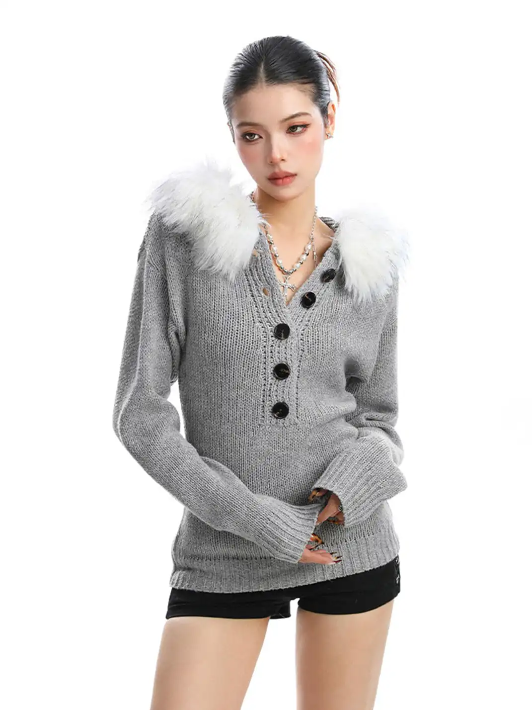 BIGGOLD | Detachable Henry Fur Collar Sweater