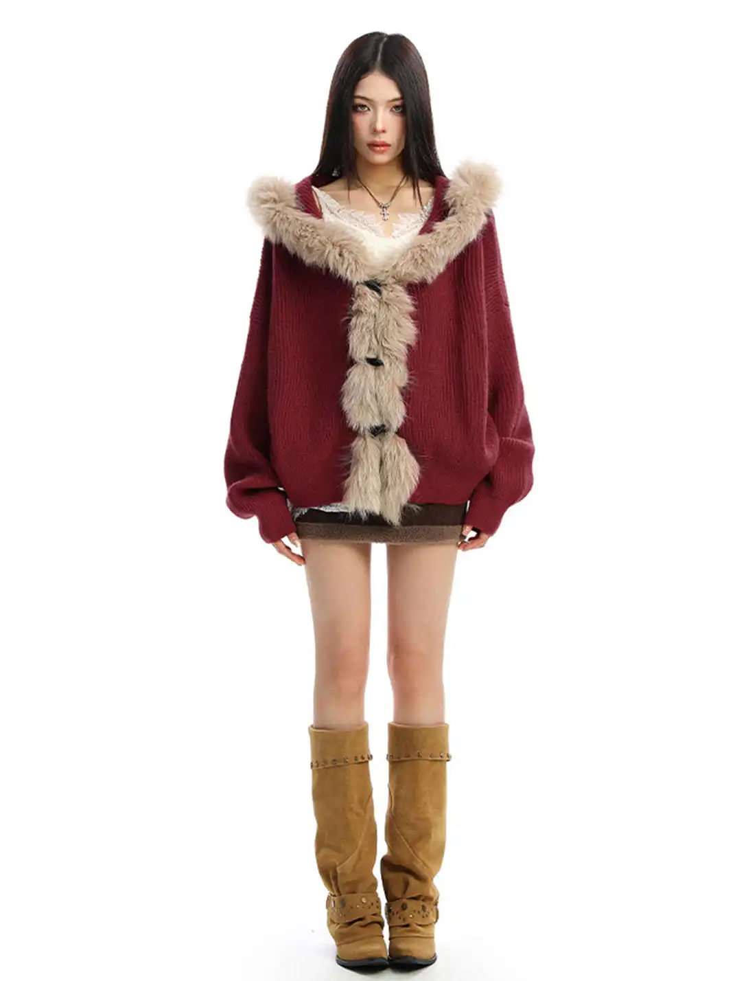 BIGGOLD | Fur Trimmed Hood Knit Sweater