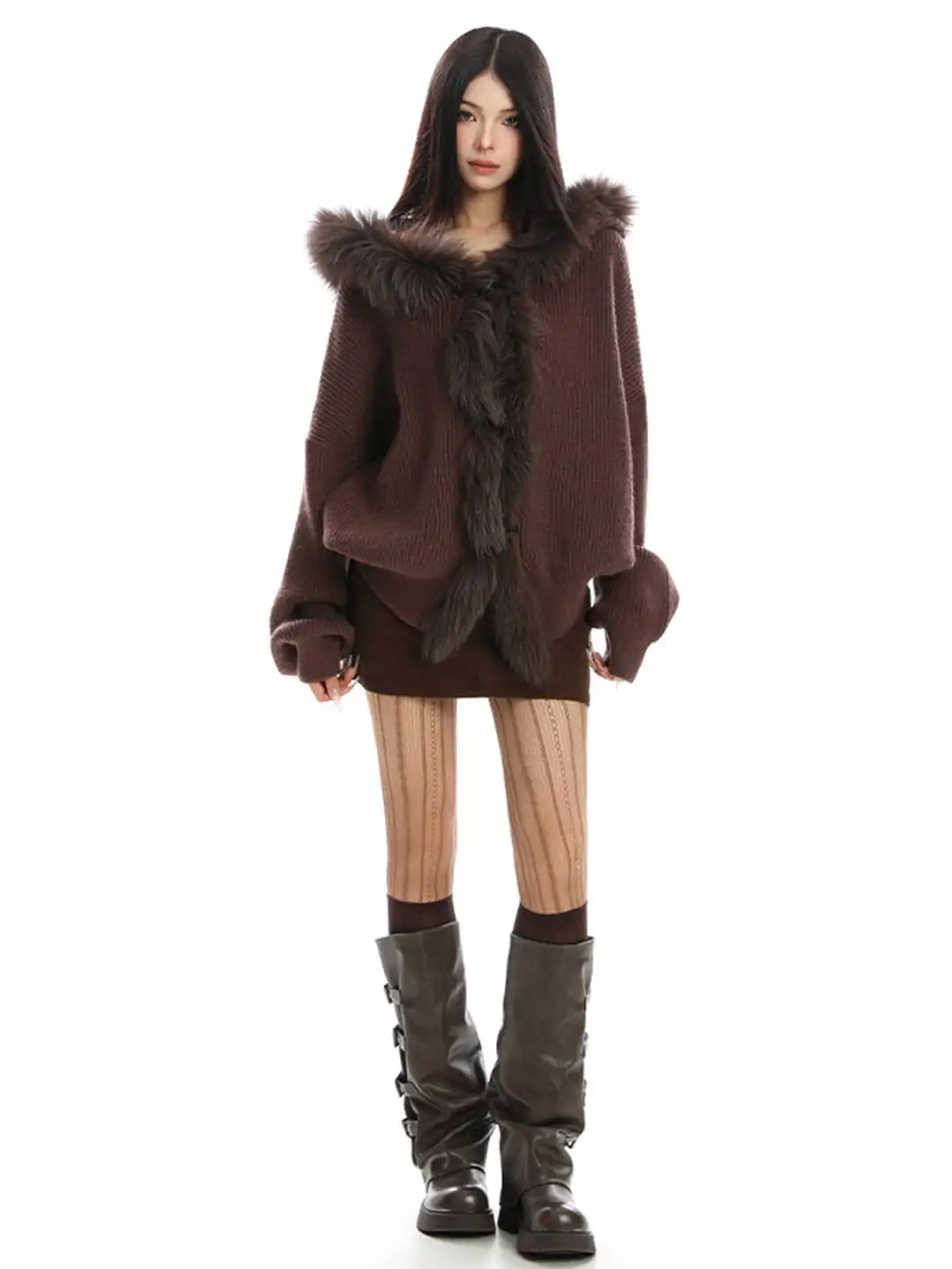BIGGOLD | Fur Trimmed Hood Knit Sweater