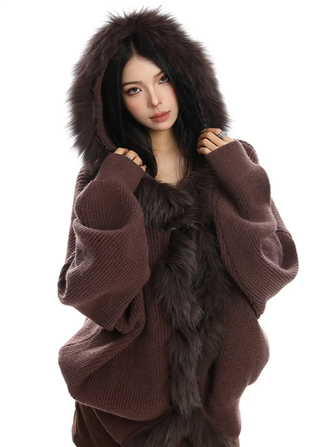 BIGGOLD | Fur Trimmed Hood Knit Sweater