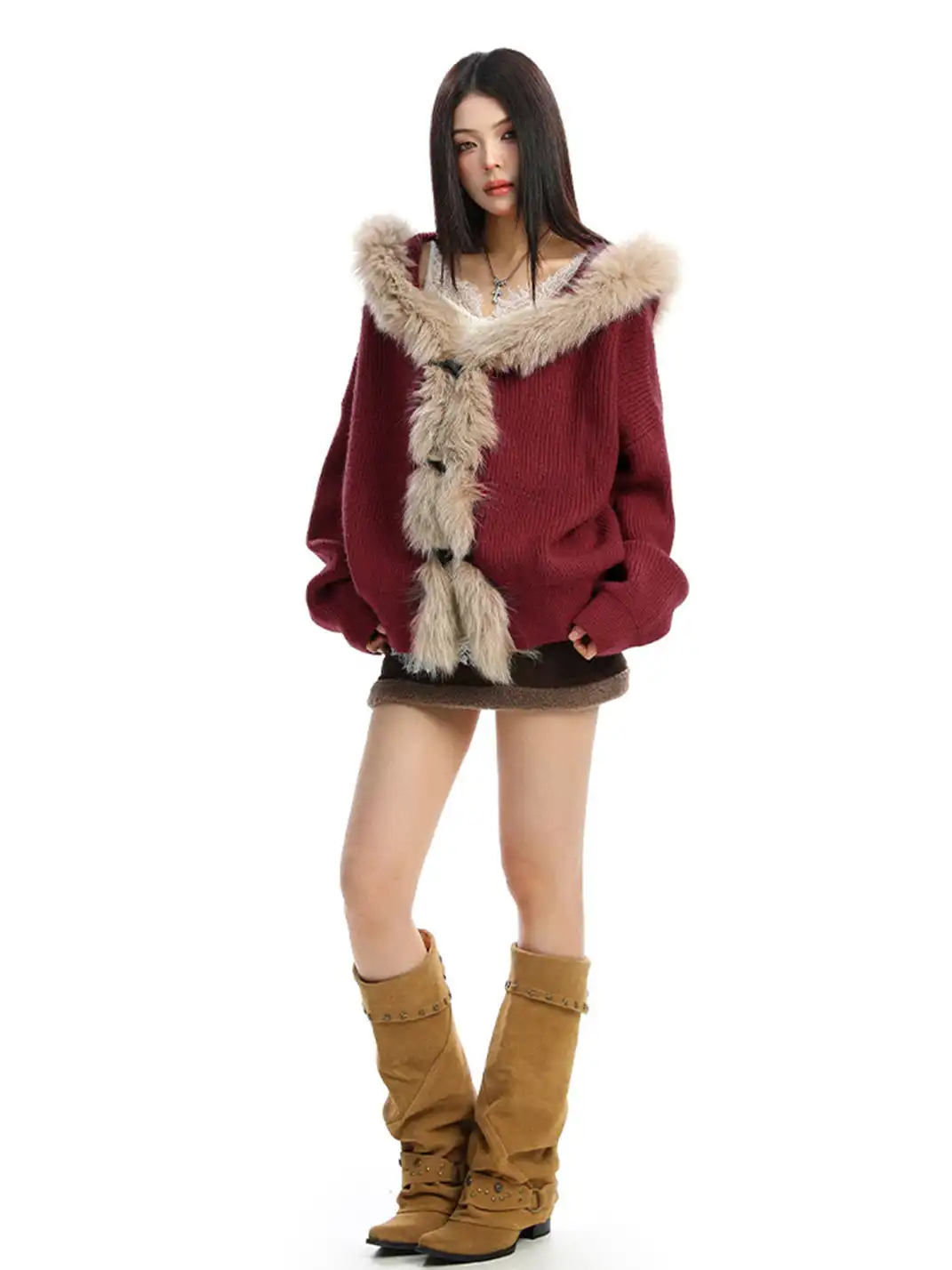 BIGGOLD | Fur Trimmed Hood Knit Sweater
