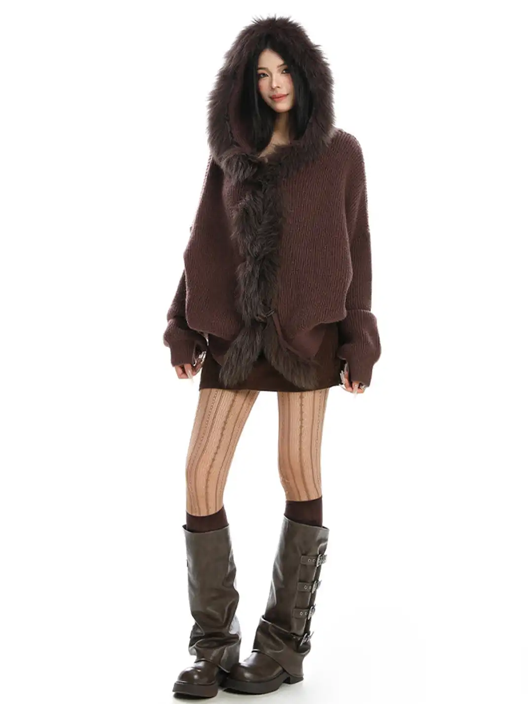BIGGOLD | Fur Trimmed Hood Knit Sweater