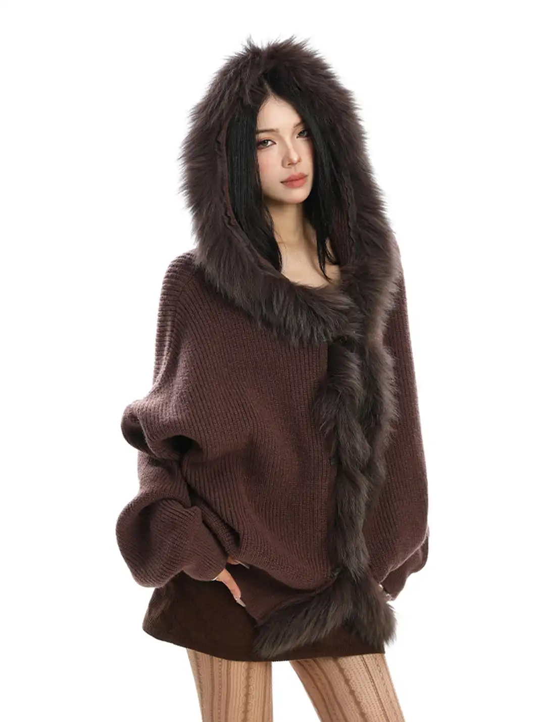 BIGGOLD | Fur Trimmed Hood Knit Sweater