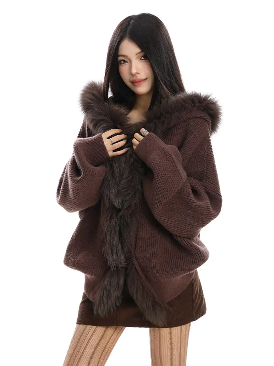 BIGGOLD | Fur Trimmed Hood Knit Sweater