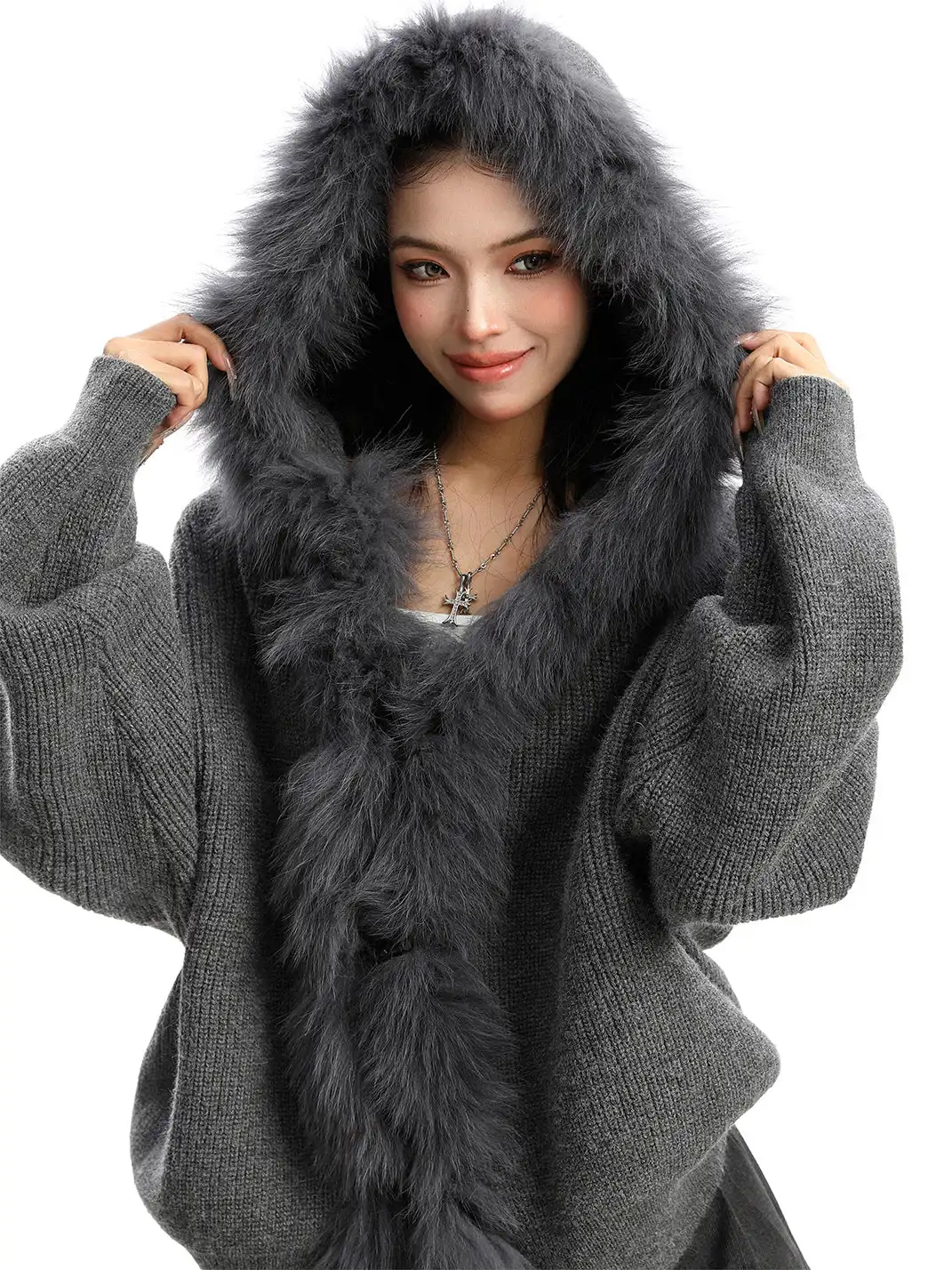BIGGOLD | Fur Trimmed Hood Knit Sweater