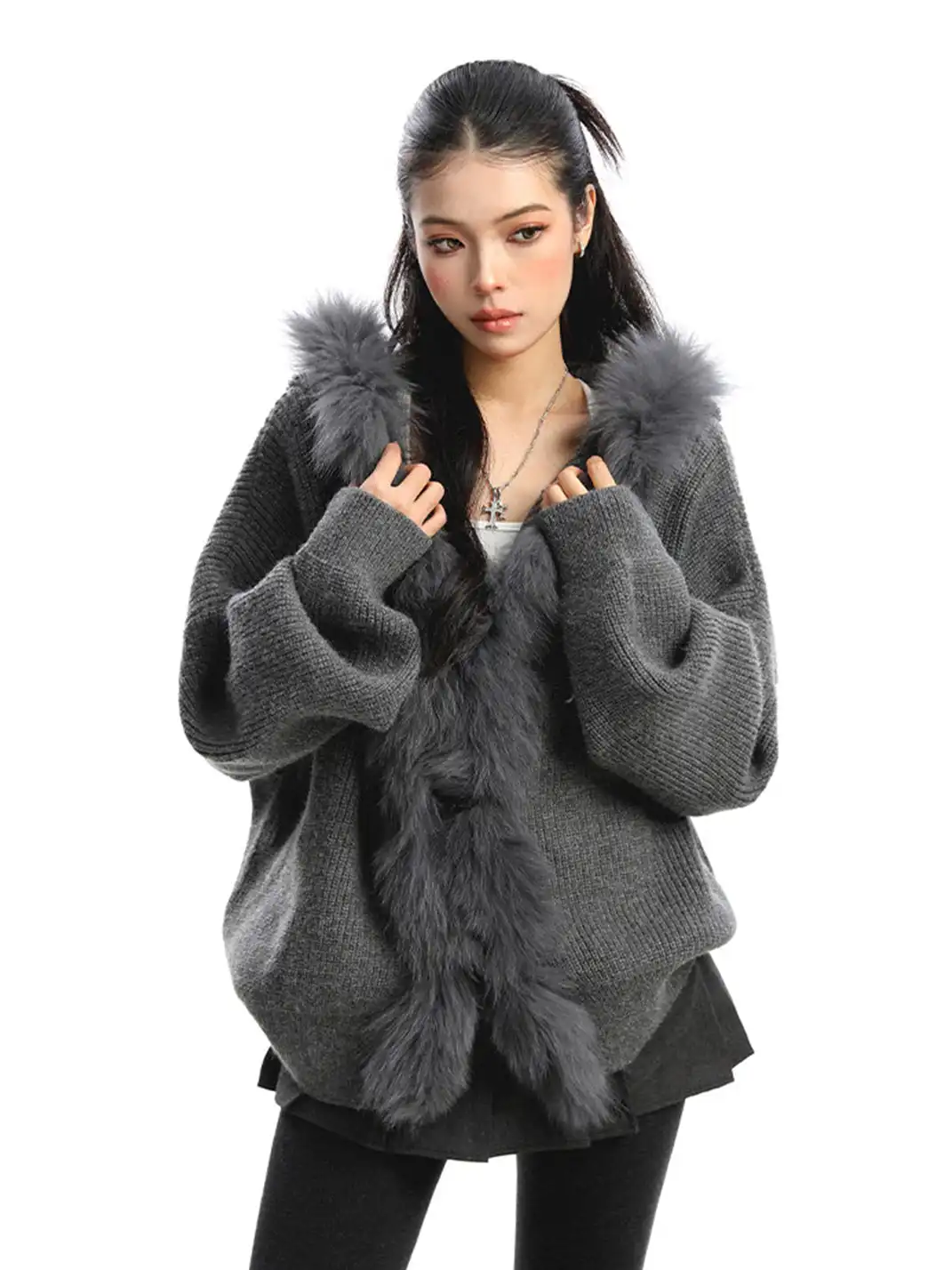 BIGGOLD | Fur Trimmed Hood Knit Sweater