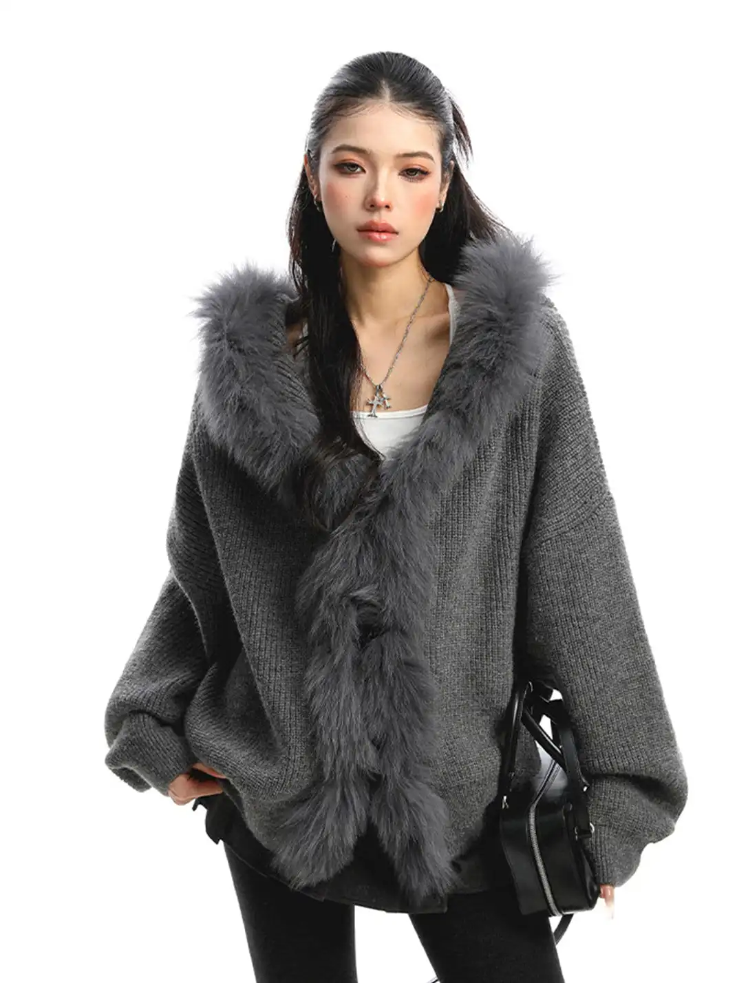 BIGGOLD | Fur Trimmed Hood Knit Sweater