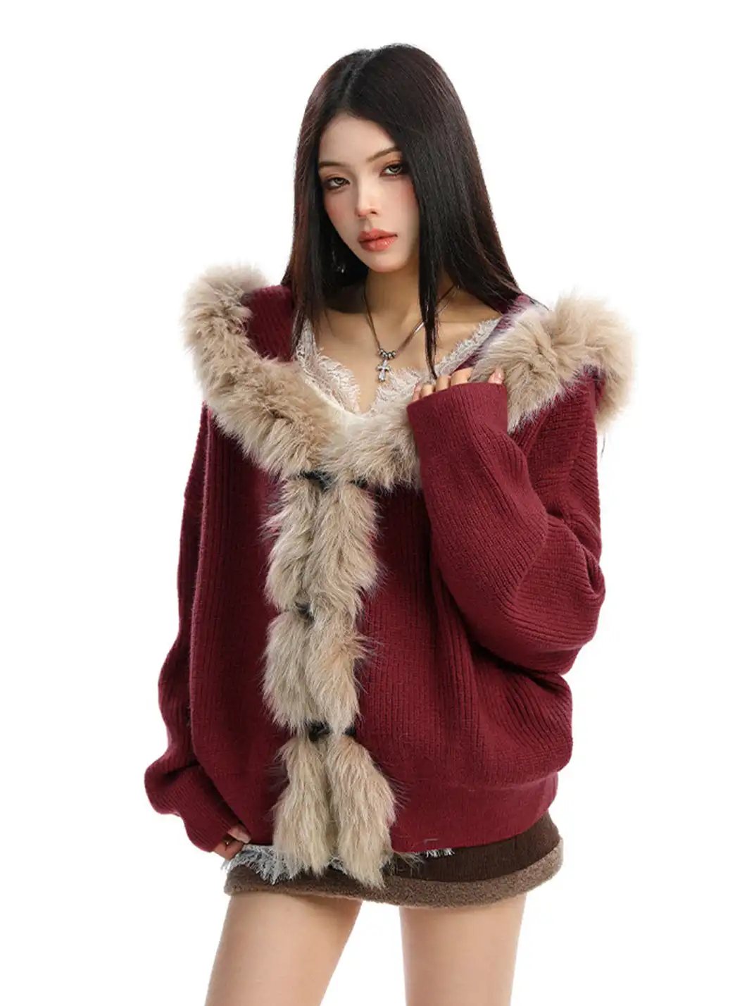 BIGGOLD | Fur Trimmed Hood Knit Sweater